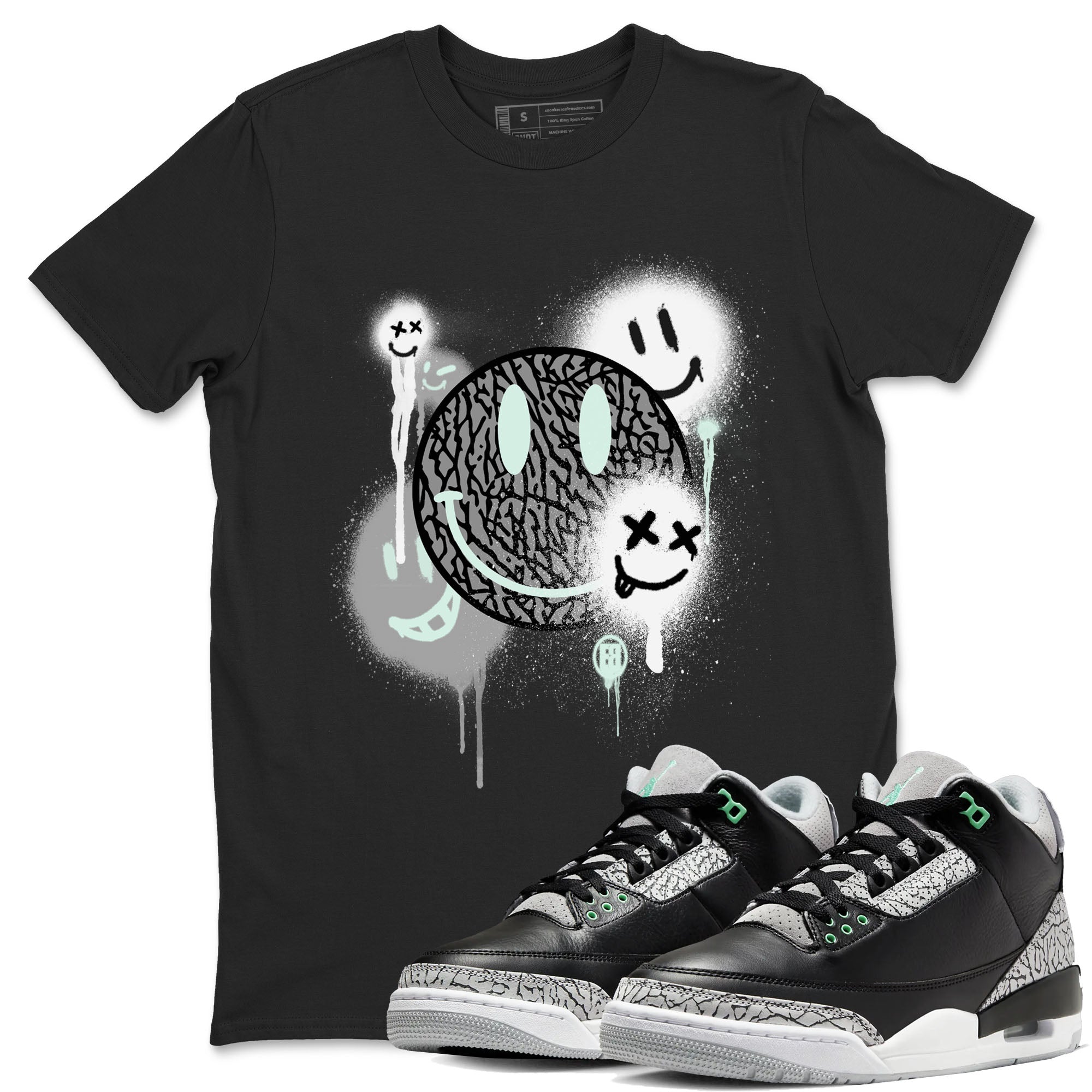 3s Green Glow shirt to match jordans Smile Painting sneaker tees Air Jordan 3 Green Glow Drip Gear Zone unisex cotton Black 1 crew neck shirt