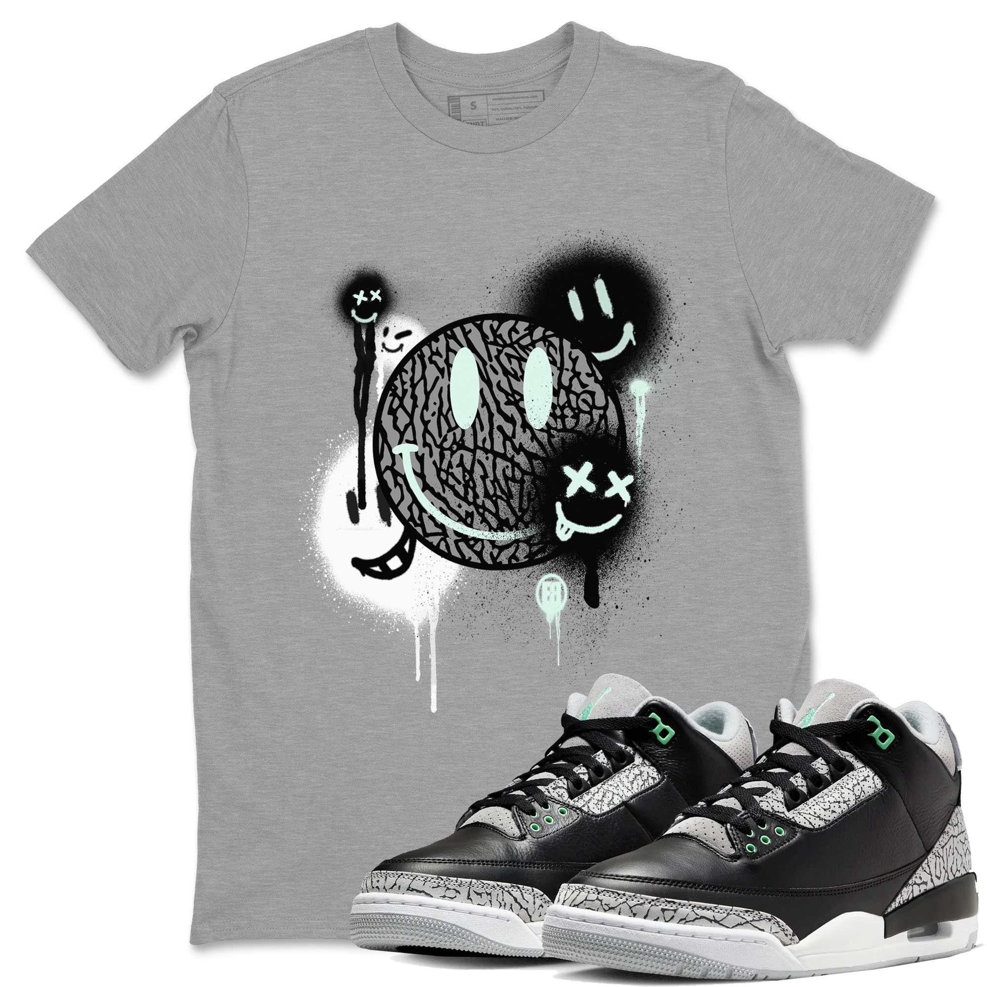 3s Green Glow shirt to match jordans Smile Painting sneaker tees Air Jordan 3 Green Glow Drip Gear Zone unisex cotton Heather Grey 1 crew neck shirt