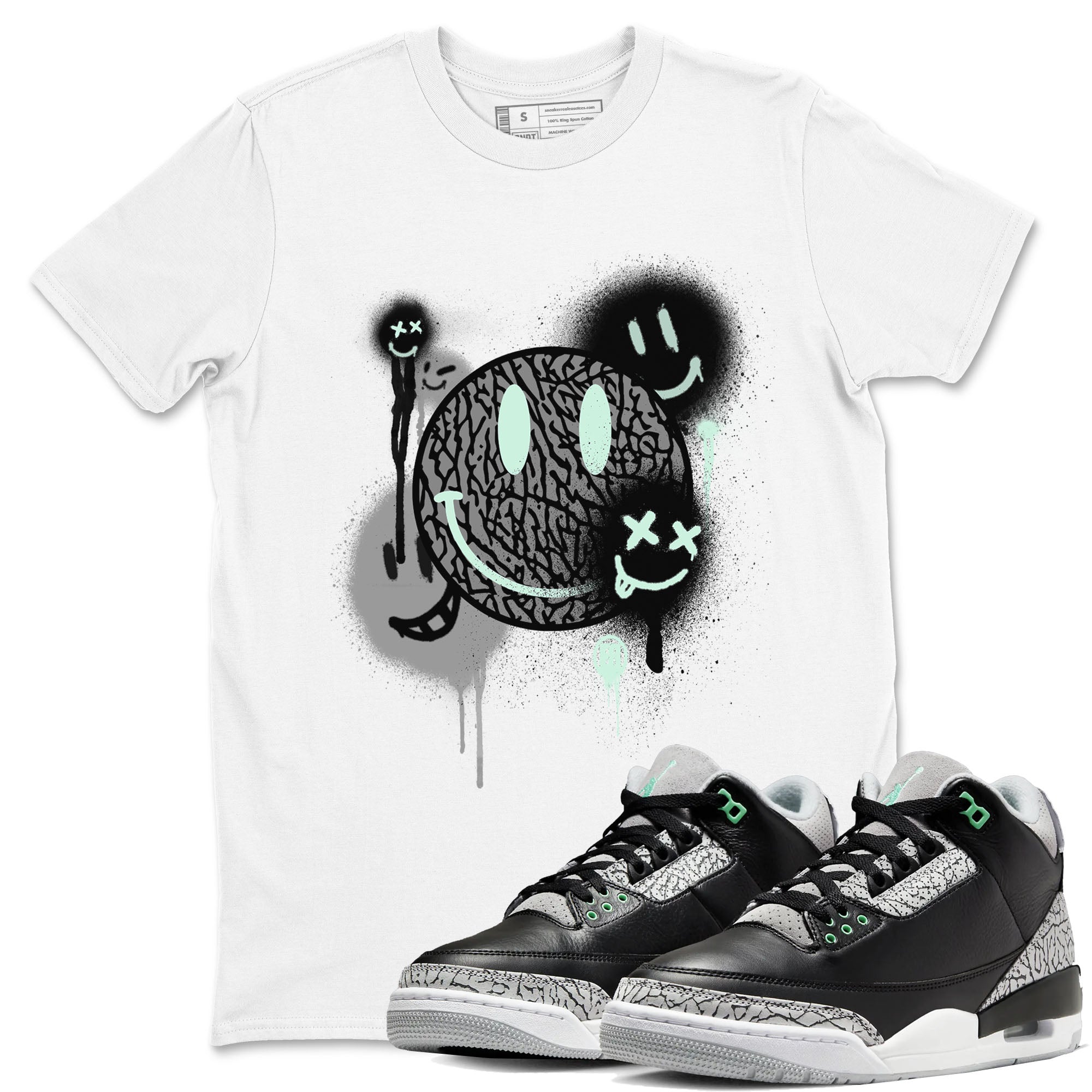 3s Green Glow shirt to match jordans Smile Painting sneaker tees Air Jordan 3 Green Glow Drip Gear Zone unisex cotton White 1 crew neck shirt