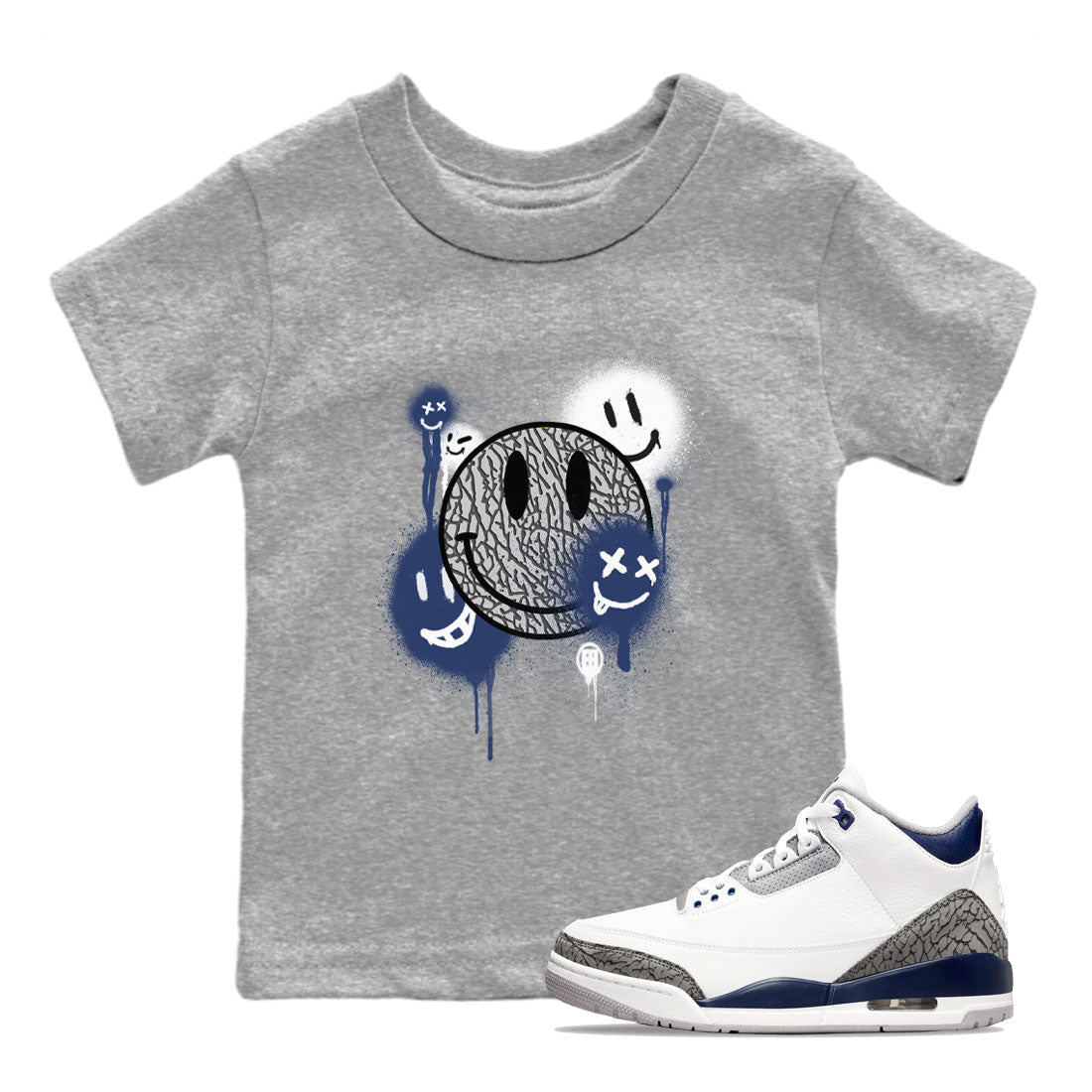 3s Midnight Navy shirt to match jordans Smile Painting sneaker match tee Air Jordan 3 Midnight Navy Drip Gear Zone baby toddler Heather Grey 1 cotton Shirt
