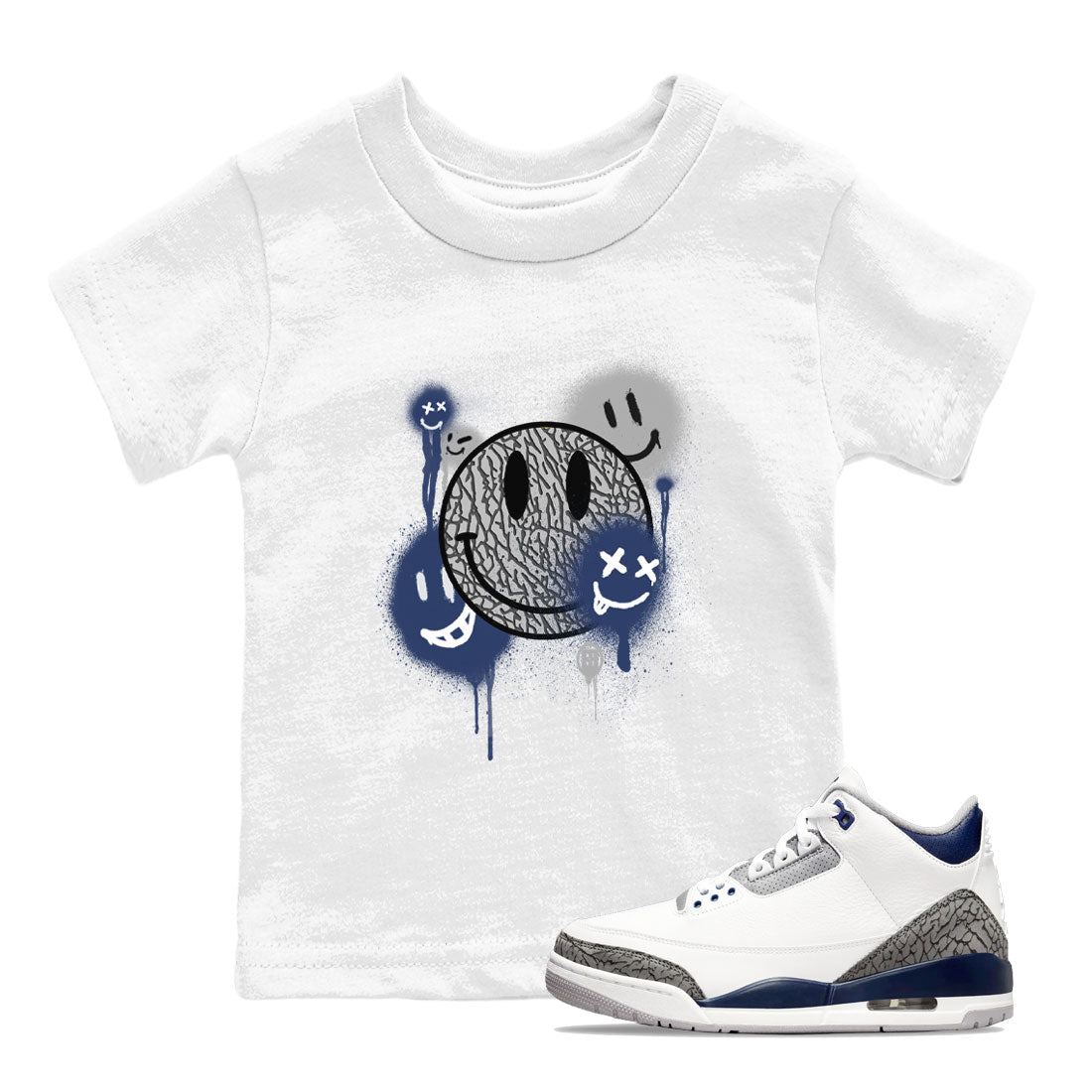 3s Midnight Navy shirt to match jordans Smile Painting sneaker match tee Air Jordan 3 Midnight Navy Drip Gear Zone baby toddler White 1 cotton Shirt