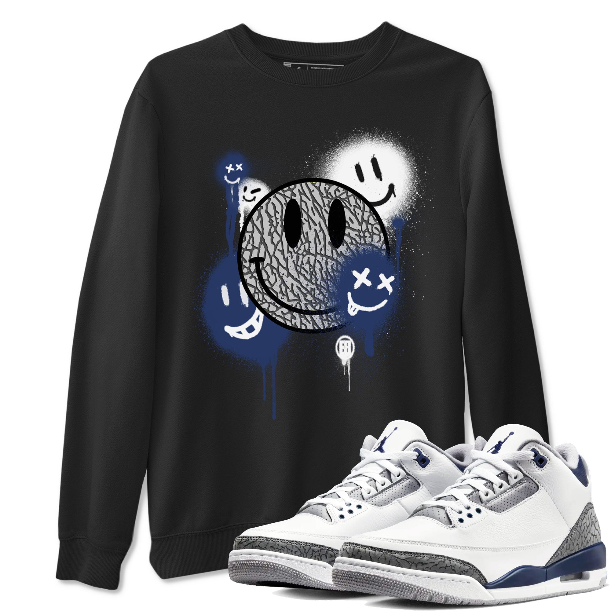3s Midnight Navy shirt to match jordans Smile Painting sneaker match tee Air Jordan 3 Midnight Navy Drip Gear Zone unisex cotton Black 1 crew neck shirt