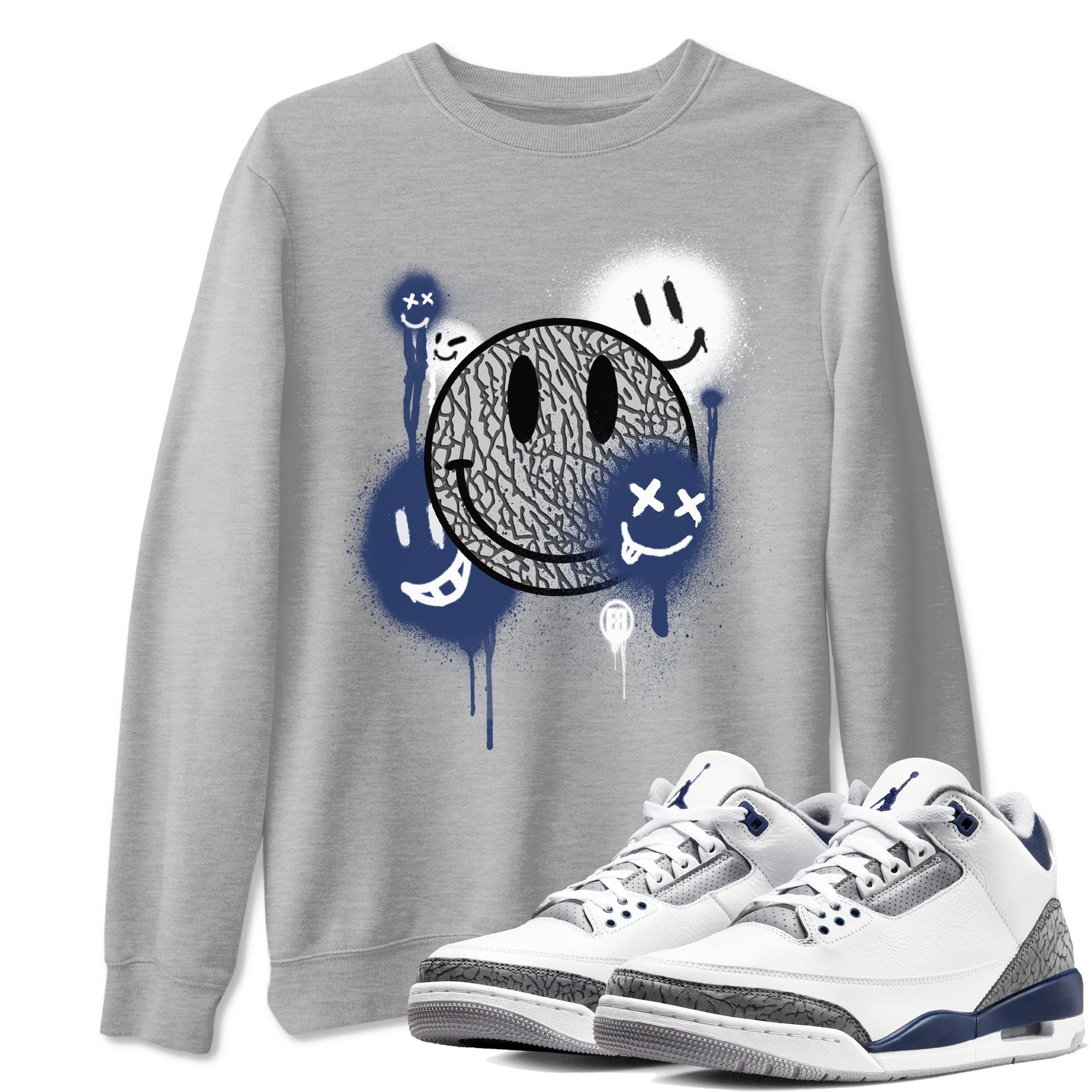 3s Midnight Navy shirt to match jordans Smile Painting sneaker match tee Air Jordan 3 Midnight Navy Drip Gear Zone unisex cotton Heather Grey 1 crew neck shirt