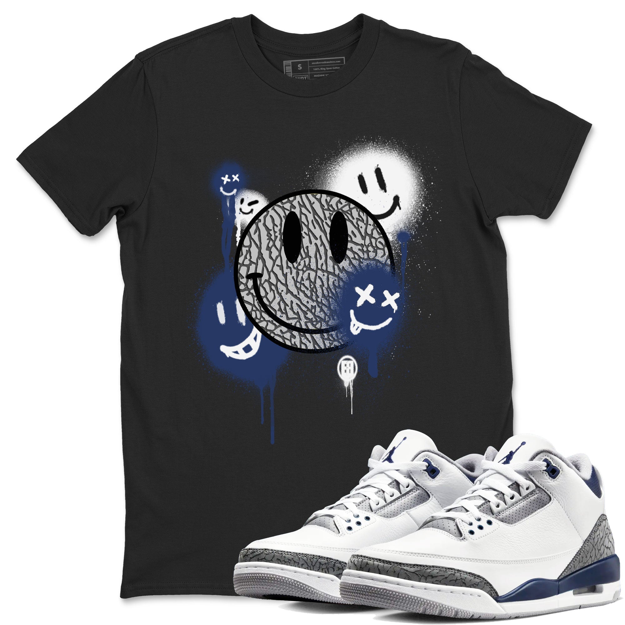 3s Midnight Navy shirt to match jordans Smile Painting sneaker match tee Air Jordan 3 Midnight Navy Drip Gear Zone unisex cotton Black 1 crew neck shirt