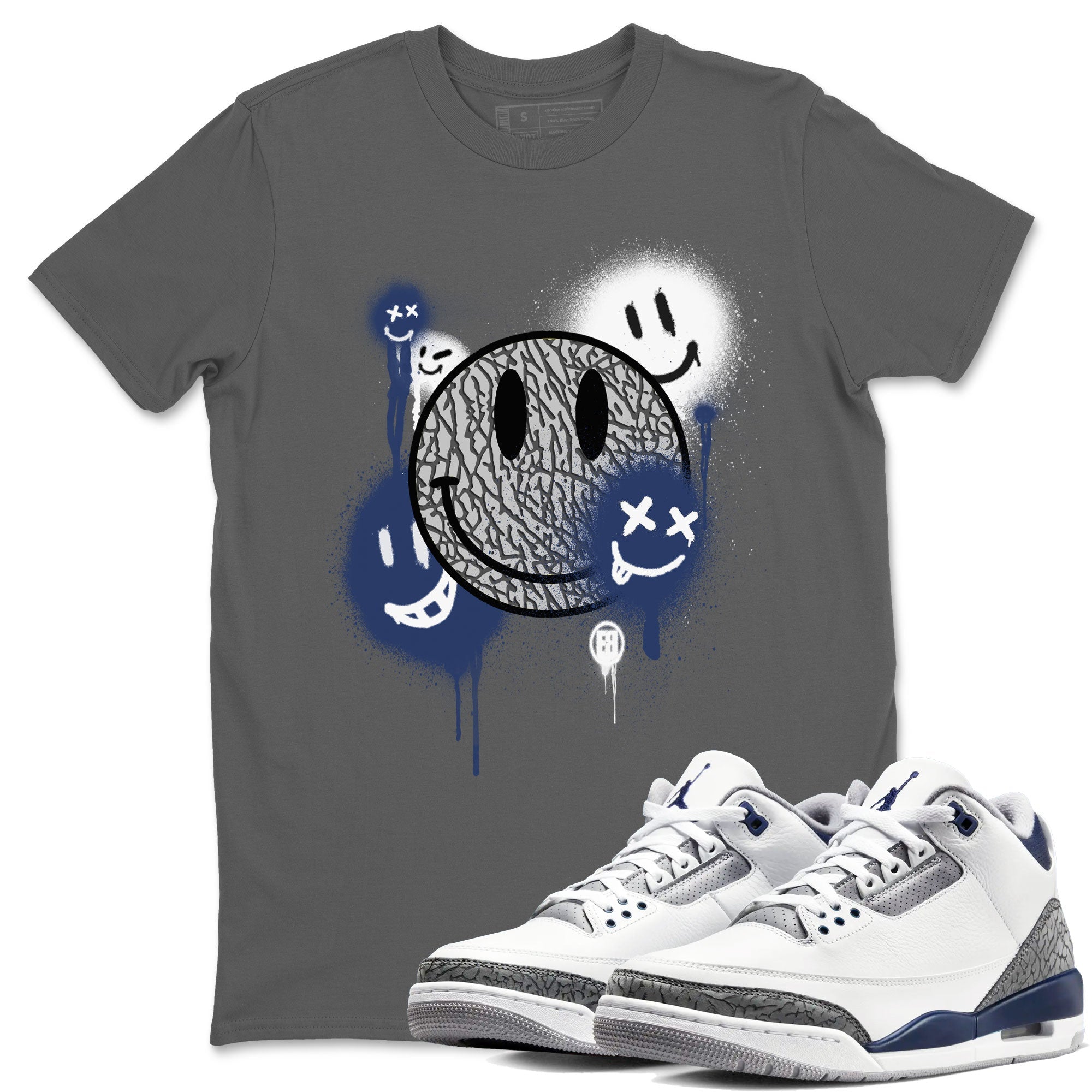 3s Midnight Navy shirt to match jordans Smile Painting sneaker match tee Air Jordan 3 Midnight Navy Drip Gear Zone unisex cotton Cool Grey 1 crew neck shirt