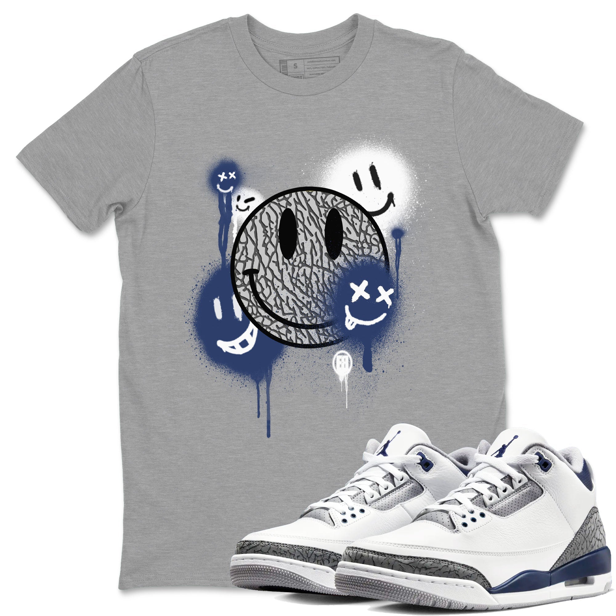 3s Midnight Navy shirt to match jordans Smile Painting sneaker match tee Air Jordan 3 Midnight Navy Drip Gear Zone unisex cotton Heather Grey 1 crew neck shirt