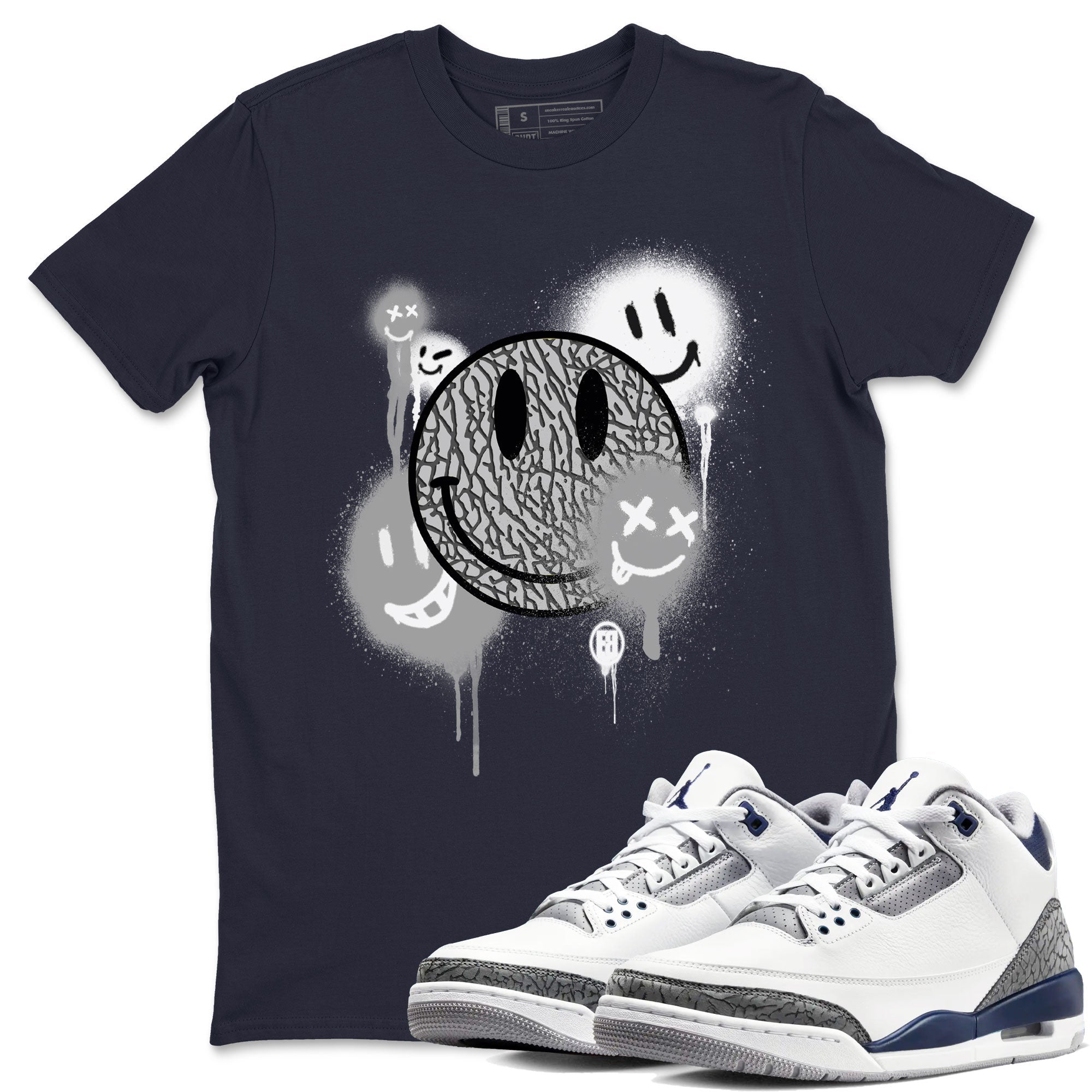 3s Midnight Navy shirt to match jordans Smile Painting sneaker match tee Air Jordan 3 Midnight Navy Drip Gear Zone unisex cotton Navy 1 crew neck shirt