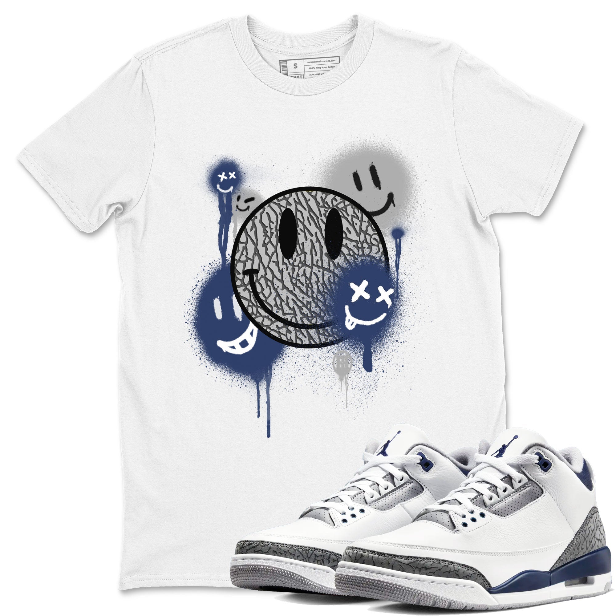 3s Midnight Navy shirt to match jordans Smile Painting sneaker match tee Air Jordan 3 Midnight Navy Drip Gear Zone unisex cotton White 1 crew neck shirt