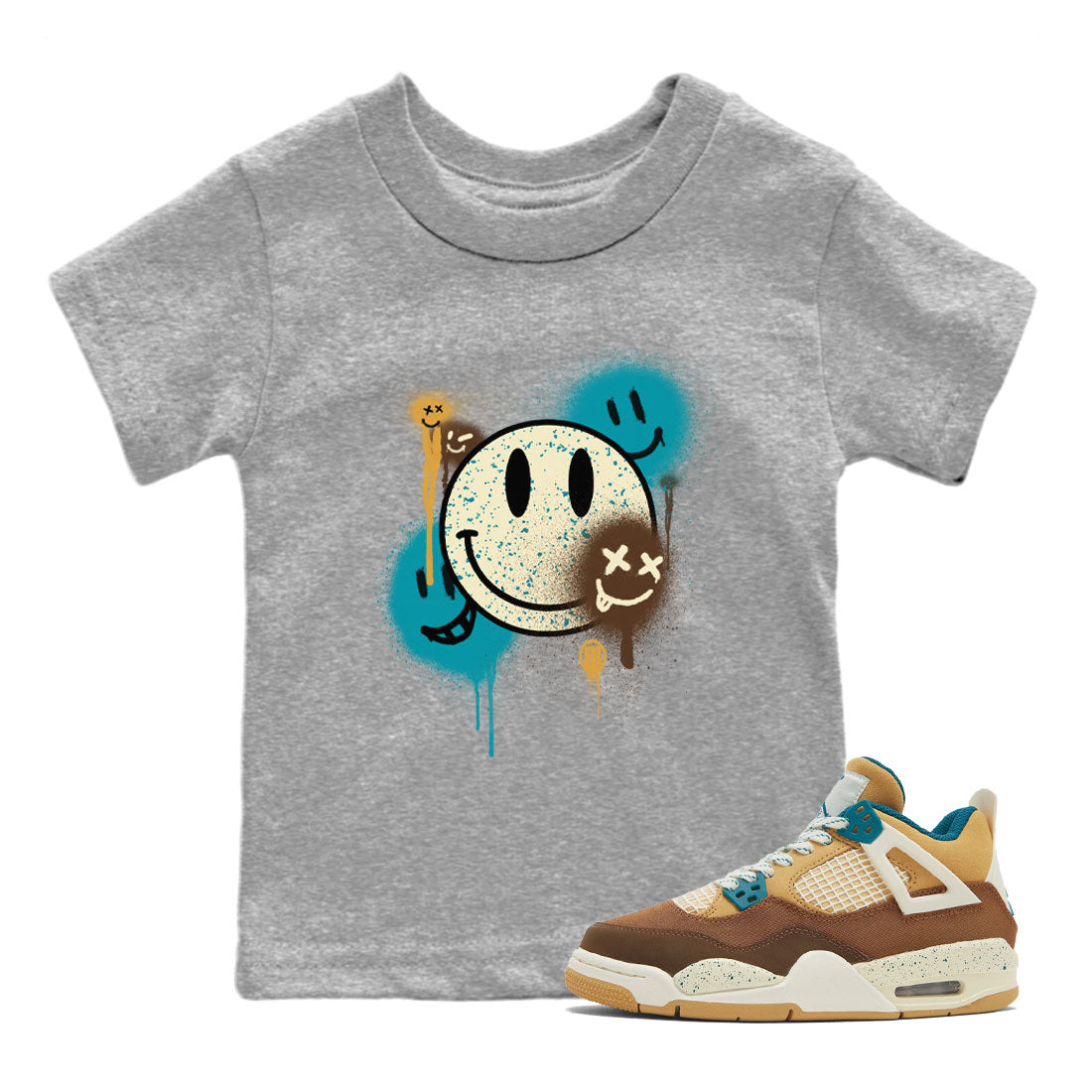 Air Jordan 4 GS Cacao Wow Match To Jordans Smile Painting Streetwear Sneaker Shirt Air Jordan 4 Cacao Wow Drip Gear Zone Sneaker Matching Clothing Kids Shirts Heather Grey 1