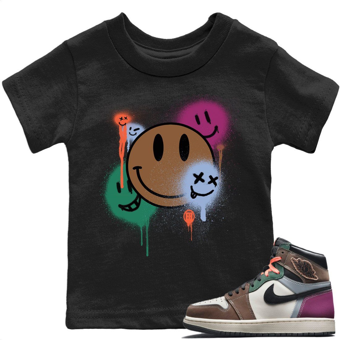 Jordan 1 Hand Crafted Sneaker Matching T-Shirt Smile Painting Sneaker Tees Jordan 1 Hand Crafted Sneaker Release Tees Kids Shirts