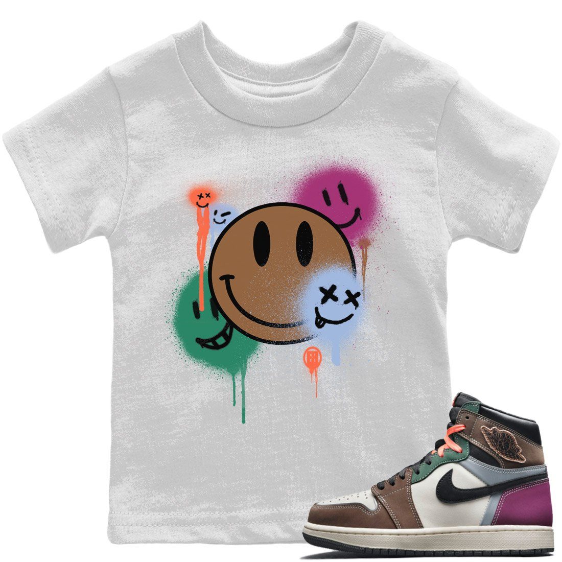 Jordan 1 Hand Crafted Sneaker Matching T-Shirt Smile Painting Sneaker Tees Jordan 1 Hand Crafted Sneaker Release Tees Kids Shirts