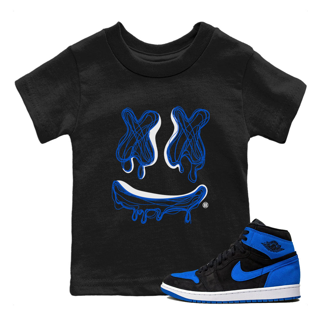 1s Royal Reimagined shirt to match jordans Smiley Doodle sneaker shirts Air Jordan 1 Royal Reimagined Drip Gear Zone Kids Baby Toddler sneaker shirts Black 1 T-Shirt