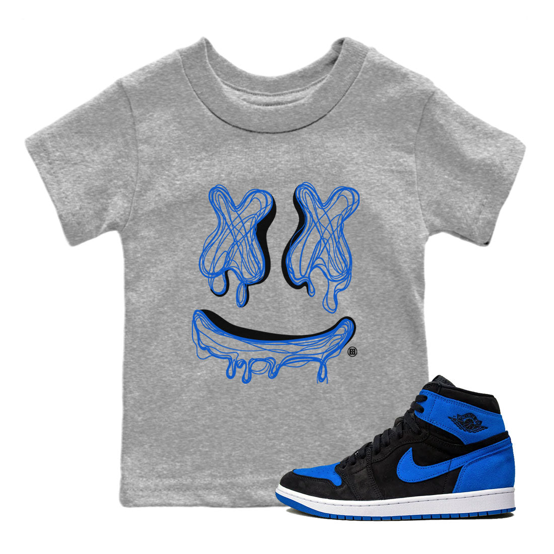 1s Royal Reimagined shirt to match jordans Smiley Doodle sneaker shirts Air Jordan 1 Royal Reimagined Drip Gear Zone Kids Baby Toddler sneaker shirts Heather Grey 1 T-Shirt
