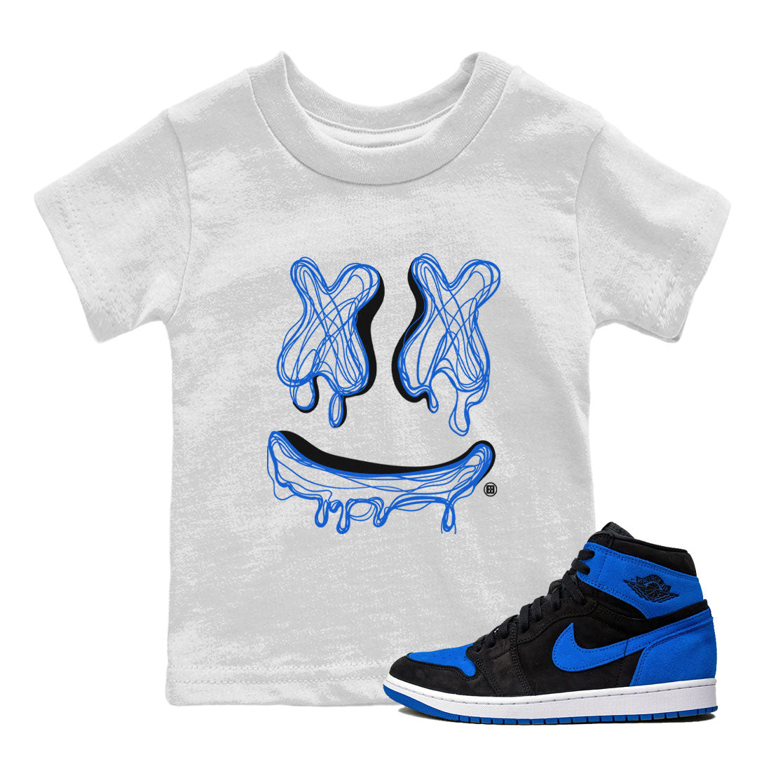 1s Royal Reimagined shirt to match jordans Smiley Doodle sneaker shirts Air Jordan 1 Royal Reimagined Drip Gear Zone Kids Baby Toddler sneaker shirts White 1 T-Shirt
