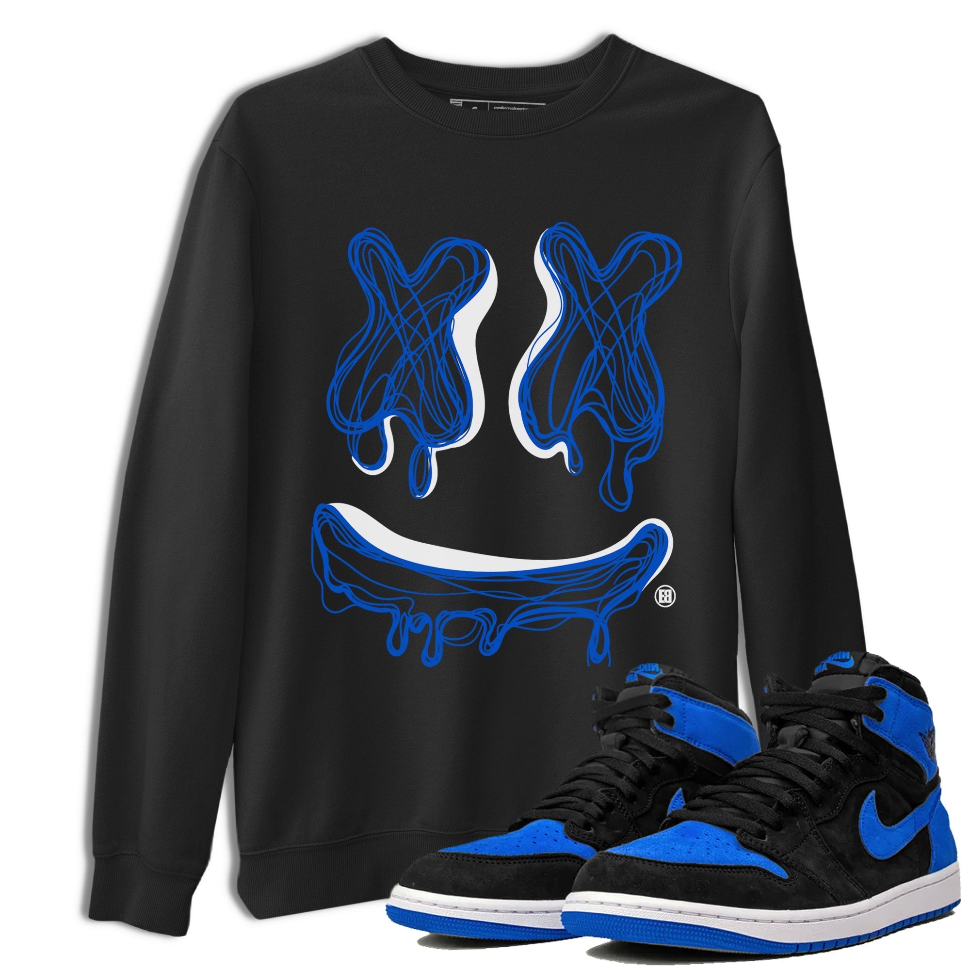 1s Royal Reimagined shirt to match jordans Smiley Doodle sneaker shirts Air Jordan 1 Royal Reimagined Drip Gear Zone Unisex Sneaker Tees and Sneaker Match T-Shirt Black 1 T-Shirt
