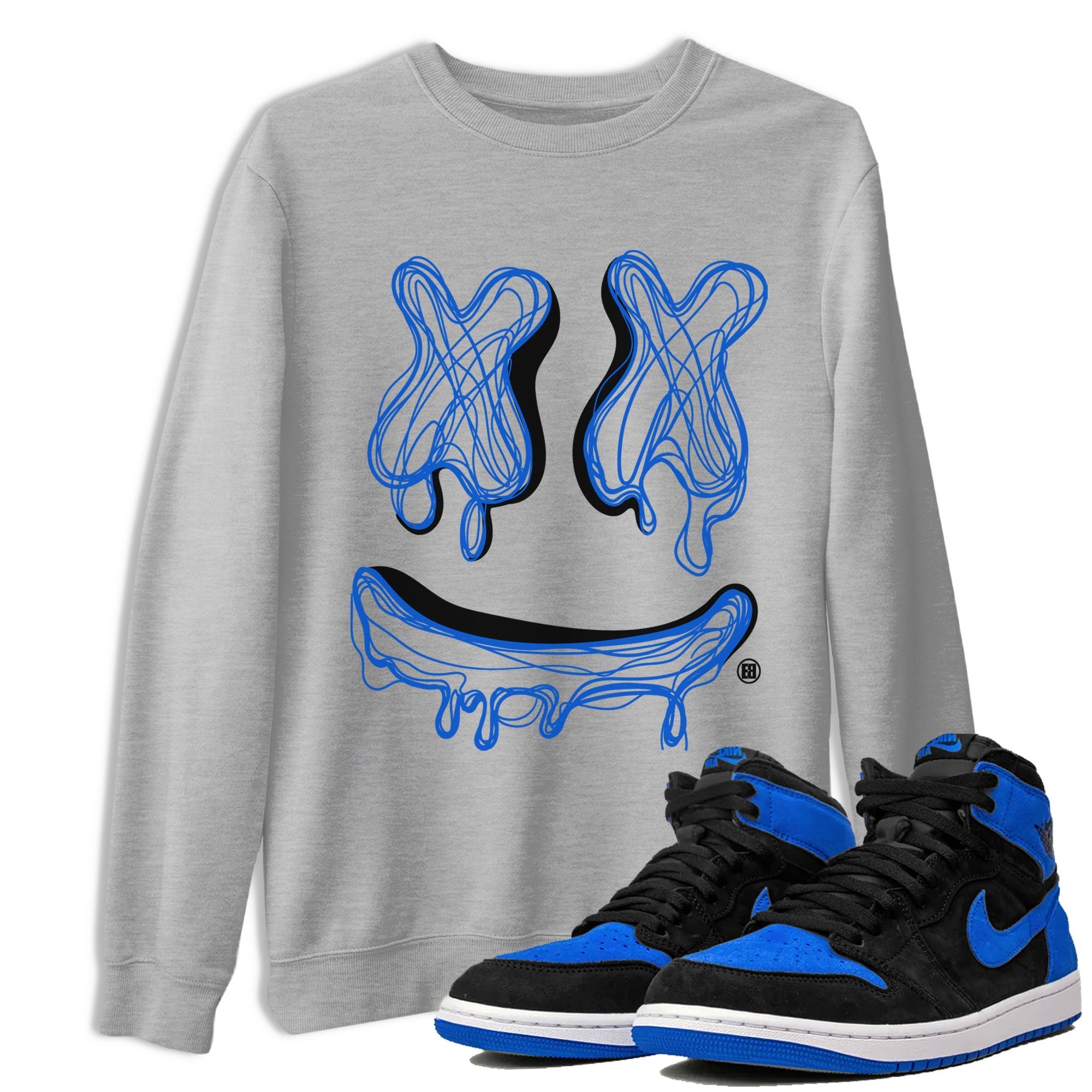 1s Royal Reimagined shirt to match jordans Smiley Doodle sneaker shirts Air Jordan 1 Royal Reimagined Drip Gear Zone Unisex Sneaker Tees and Sneaker Match T-Shirt Heather Grey 1 T-Shirt