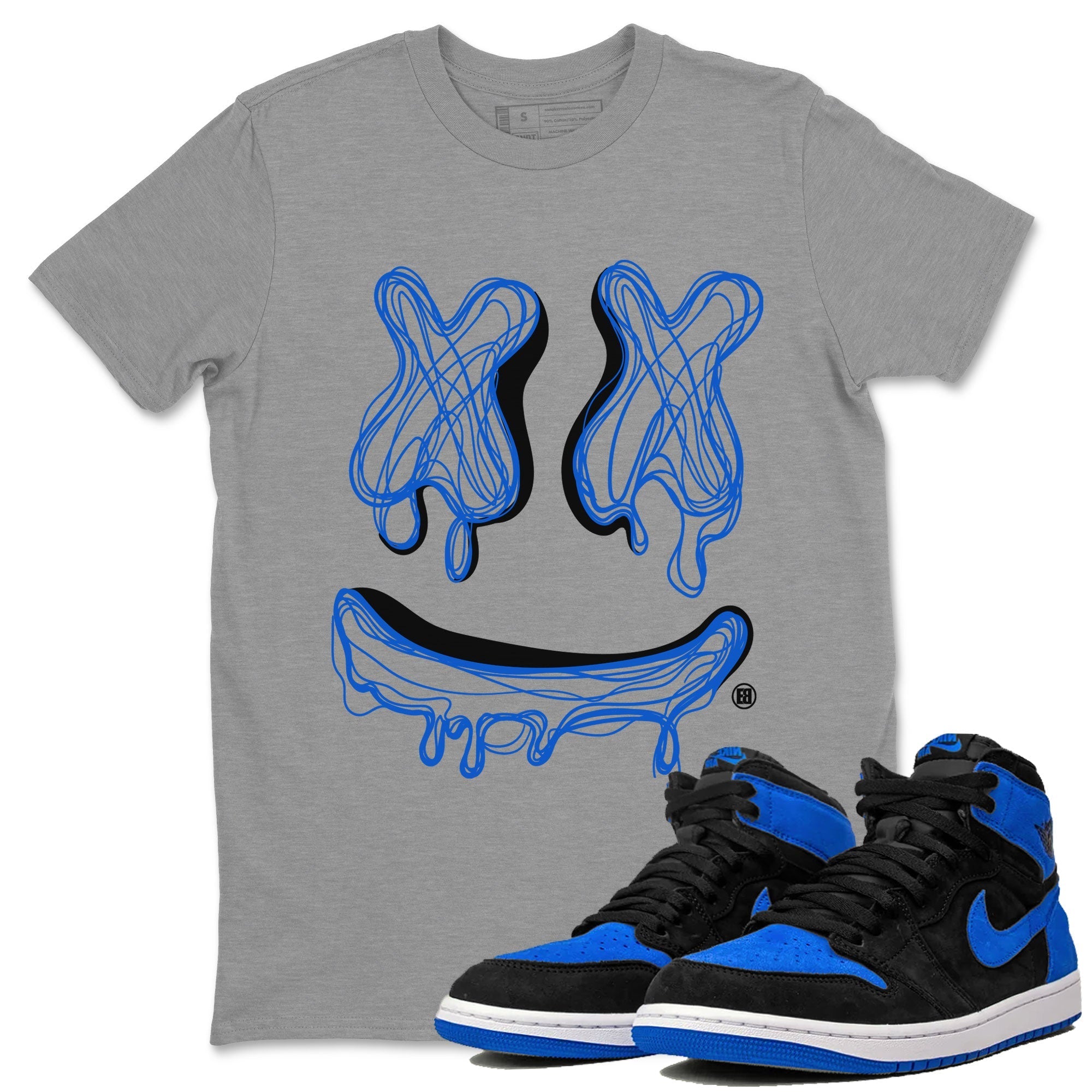 1s Royal Reimagined shirt to match jordans Smiley Doodle sneaker shirts Air Jordan 1 Royal Reimagined Drip Gear Zone Unisex Sneaker Tees and Sneaker Match T-Shirt Heather Grey 1 T-Shirt