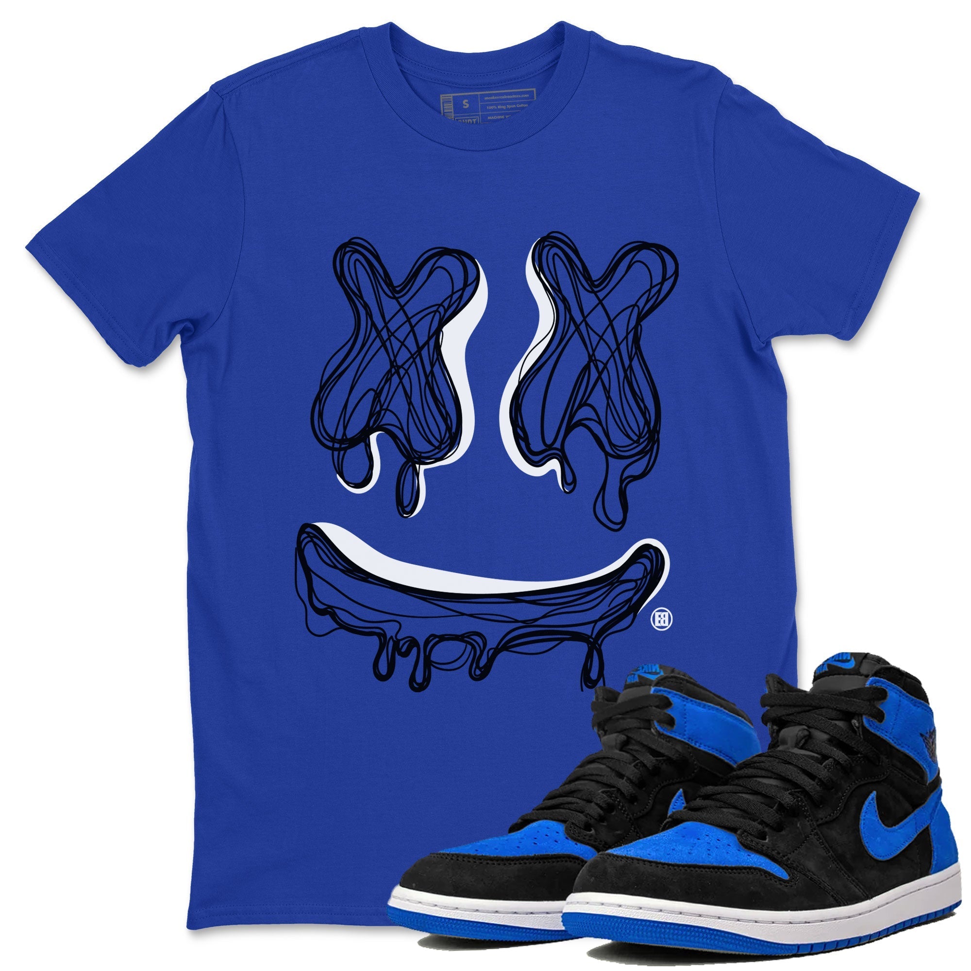 1s Royal Reimagined shirt to match jordans Smiley Doodle sneaker shirts Air Jordan 1 Royal Reimagined Drip Gear Zone Unisex Sneaker Tees and Sneaker Match T-Shirt Royal Blue 1 T-Shirt