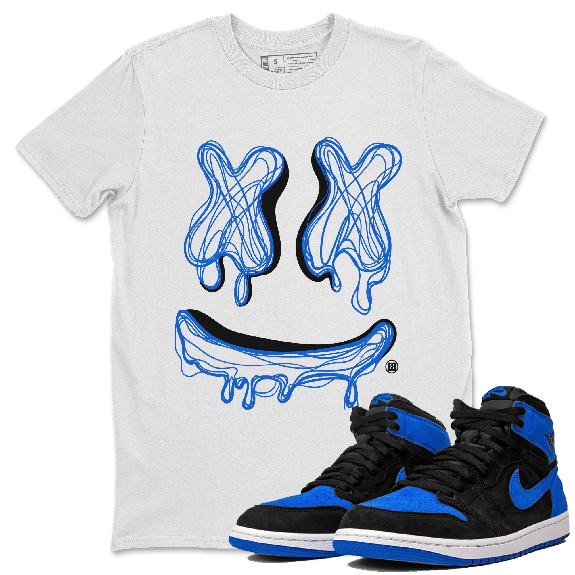 1s Royal Reimagined shirt to match jordans Smiley Doodle sneaker shirts Air Jordan 1 Royal Reimagined Drip Gear Zone Unisex Sneaker Tees and Sneaker Match T-Shirt White 1 T-Shirt