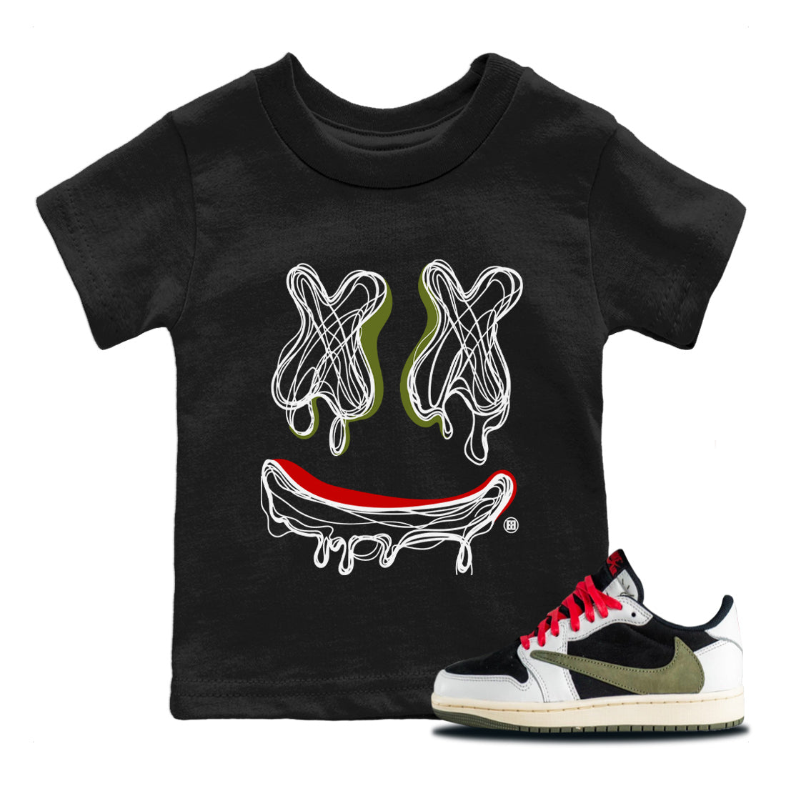 Jordan 1 Travis Scott Olive Sneaker Matching T-Shirt Smiley Doodle Sneaker Tees Jordan 1 Travis Scott Olive Sneaker Release Tees Kids Shirts