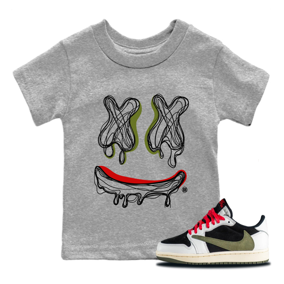 Jordan 1 Travis Scott Olive Sneaker Matching T-Shirt Smiley Doodle Sneaker Tees Jordan 1 Travis Scott Olive Sneaker Release Tees Kids Shirts