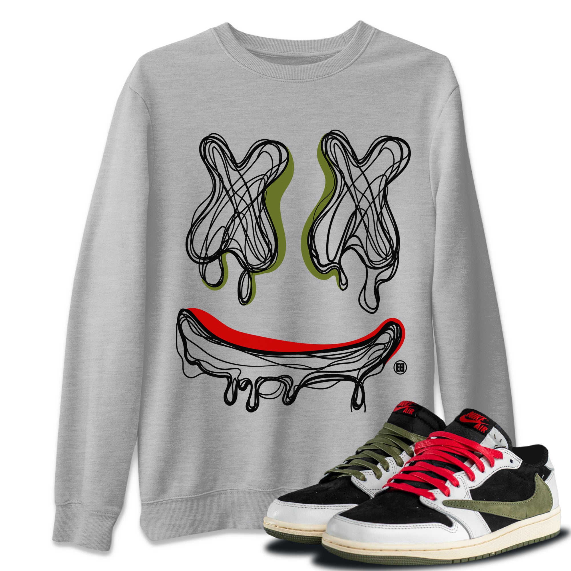 Jordan 1 Travis Scott Olive Shirt To Match Jordans Smiley Doodle Sneaker Tees Jordan 1 Travis Scott Olive Drip Gear Zone Sneaker Matching Clothing Unisex Shirts