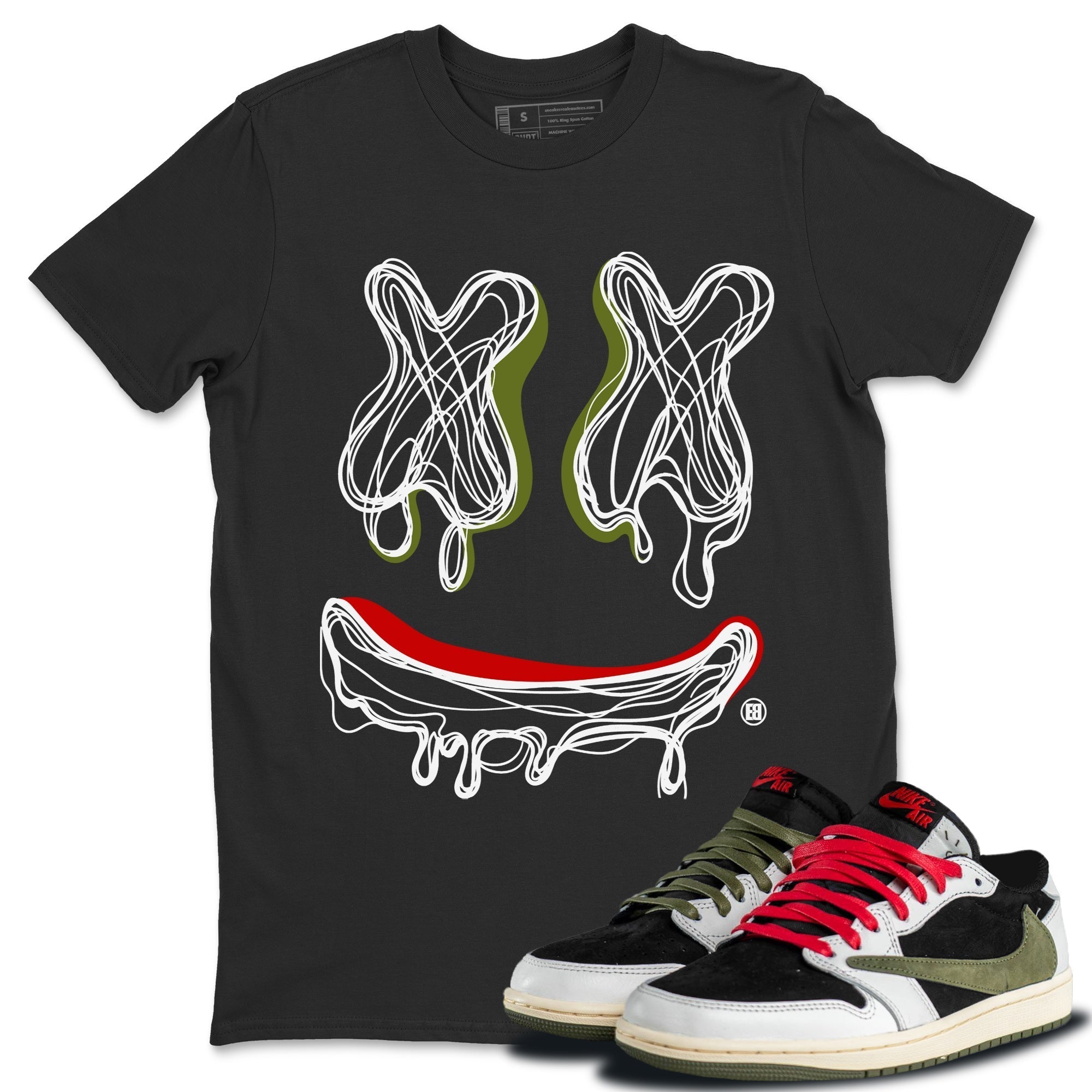 Jordan 1 Travis Scott Olive Shirt To Match Jordans Smiley Doodle Sneaker Tees Jordan 1 Travis Scott Olive Drip Gear Zone Sneaker Matching Clothing Unisex Shirts