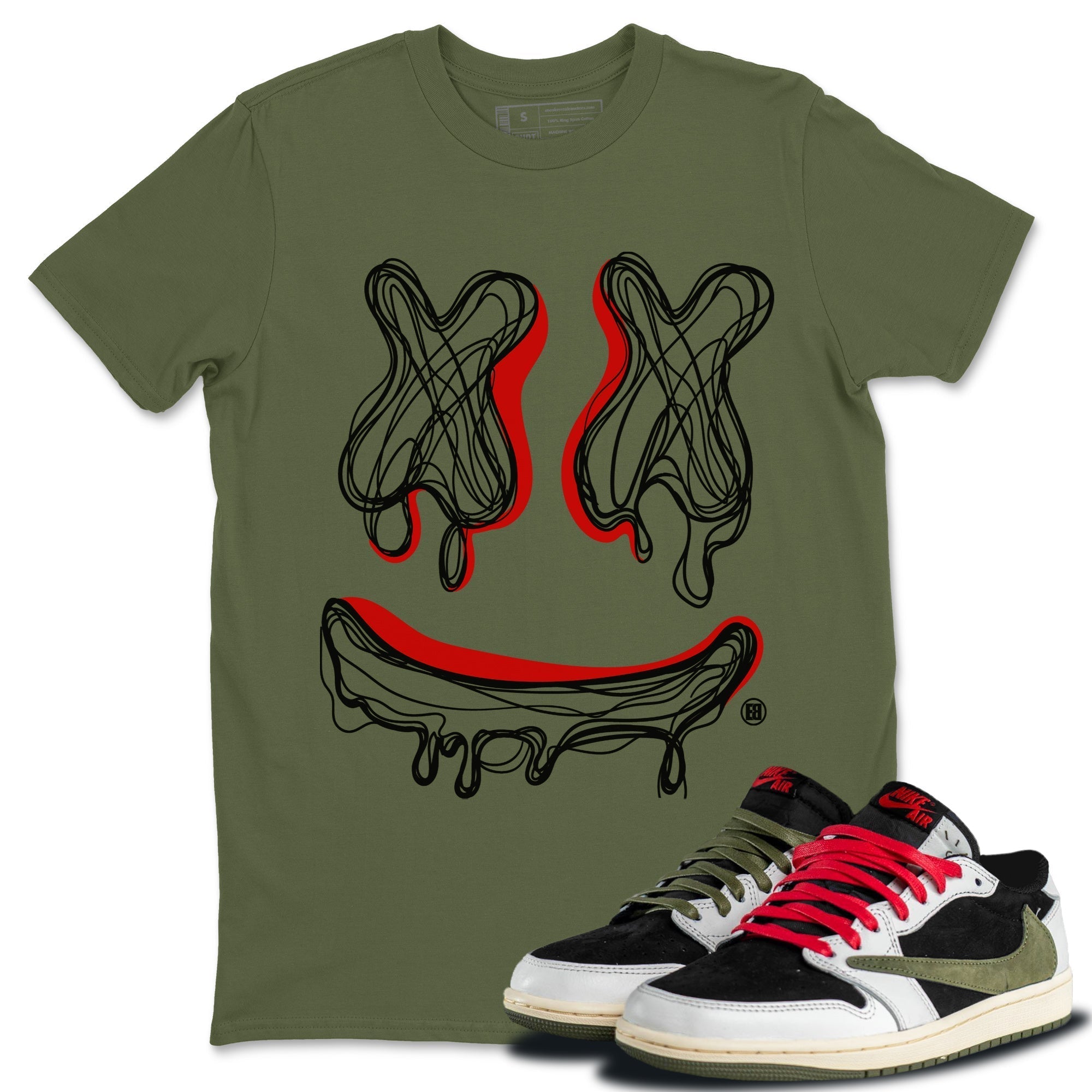 Jordan 1 Travis Scott Olive Shirt To Match Jordans Smiley Doodle Sneaker Tees Jordan 1 Travis Scott Olive Drip Gear Zone Sneaker Matching Clothing Unisex Shirts