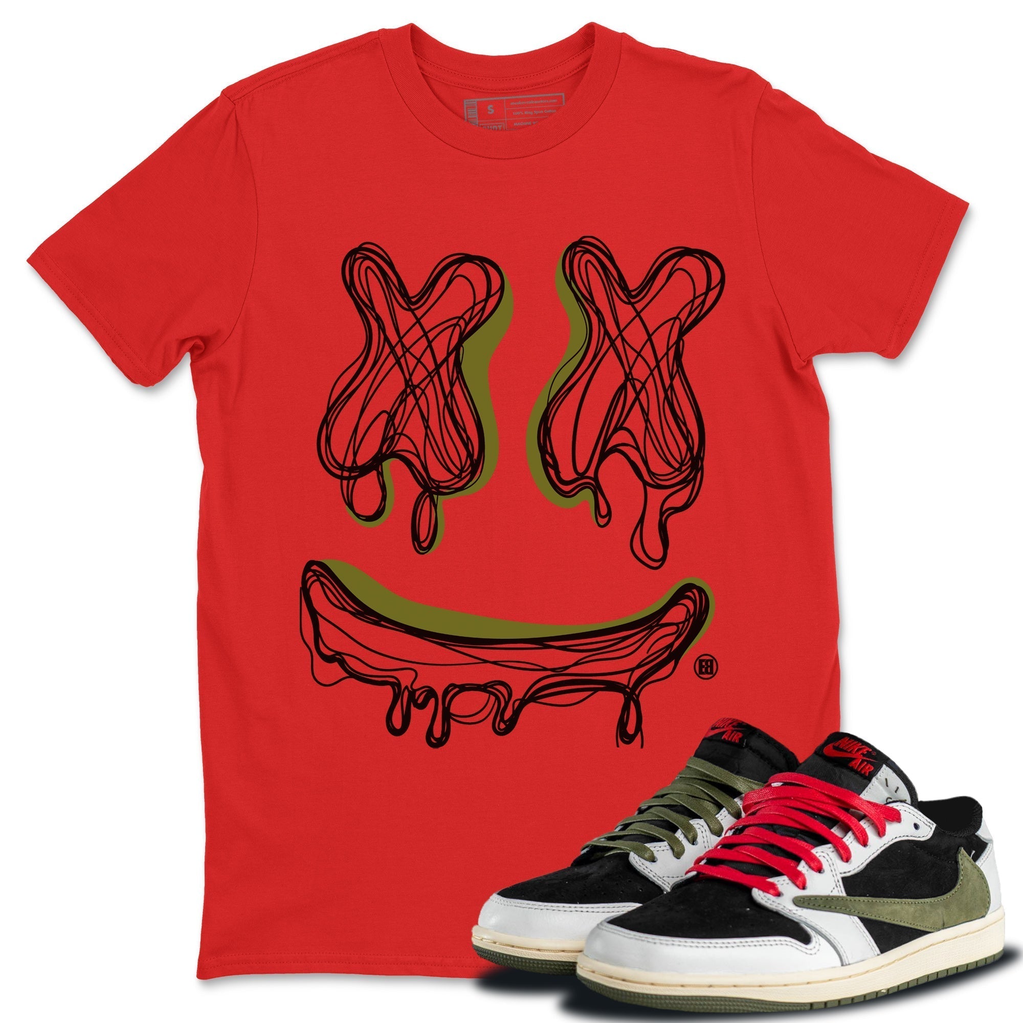 Jordan 1 Travis Scott Olive Shirt To Match Jordans Smiley Doodle Sneaker Tees Jordan 1 Travis Scott Olive Drip Gear Zone Sneaker Matching Clothing Unisex Shirts
