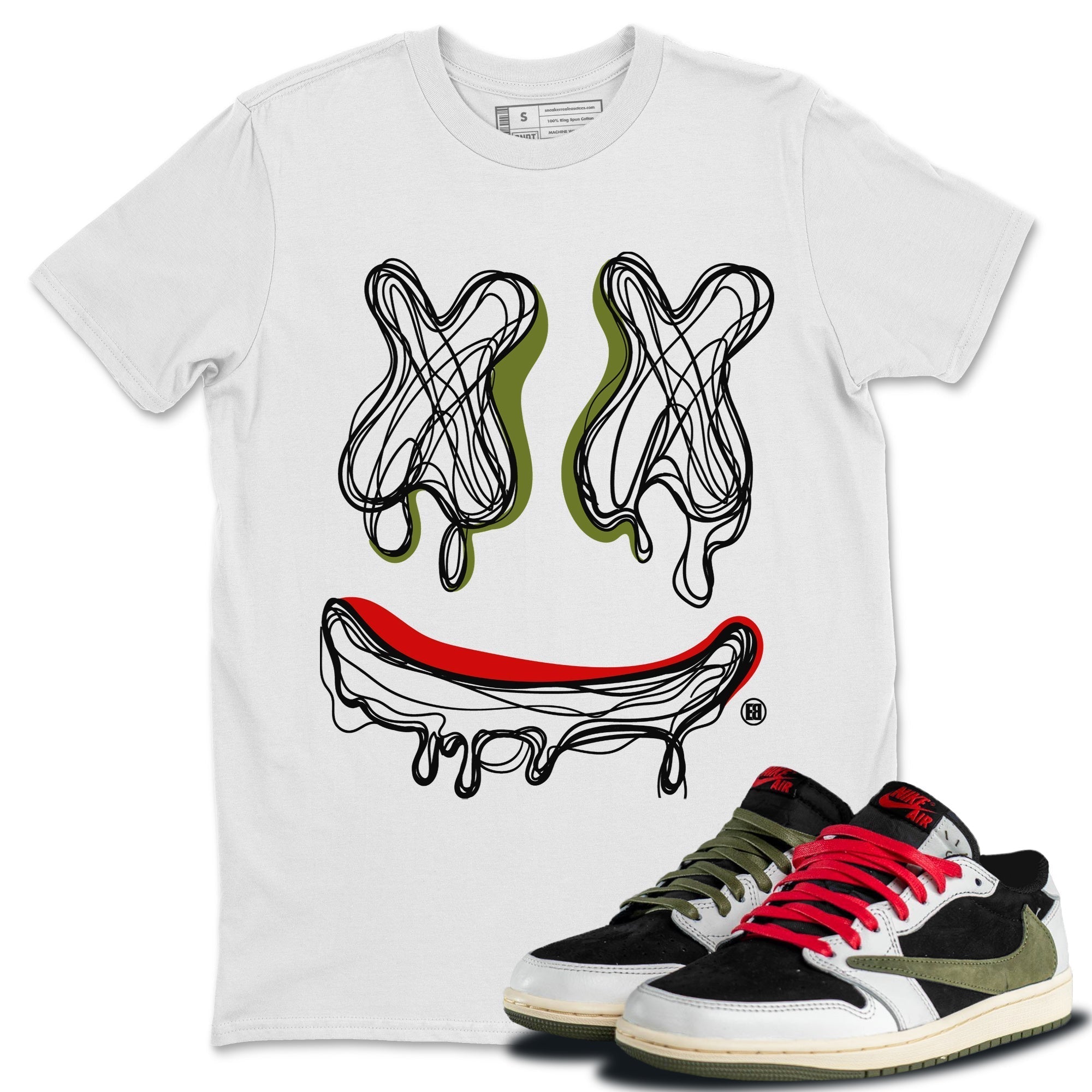 Jordan 1 Travis Scott Olive Shirt To Match Jordans Smiley Doodle Sneaker Tees Jordan 1 Travis Scott Olive Drip Gear Zone Sneaker Matching Clothing Unisex Shirts