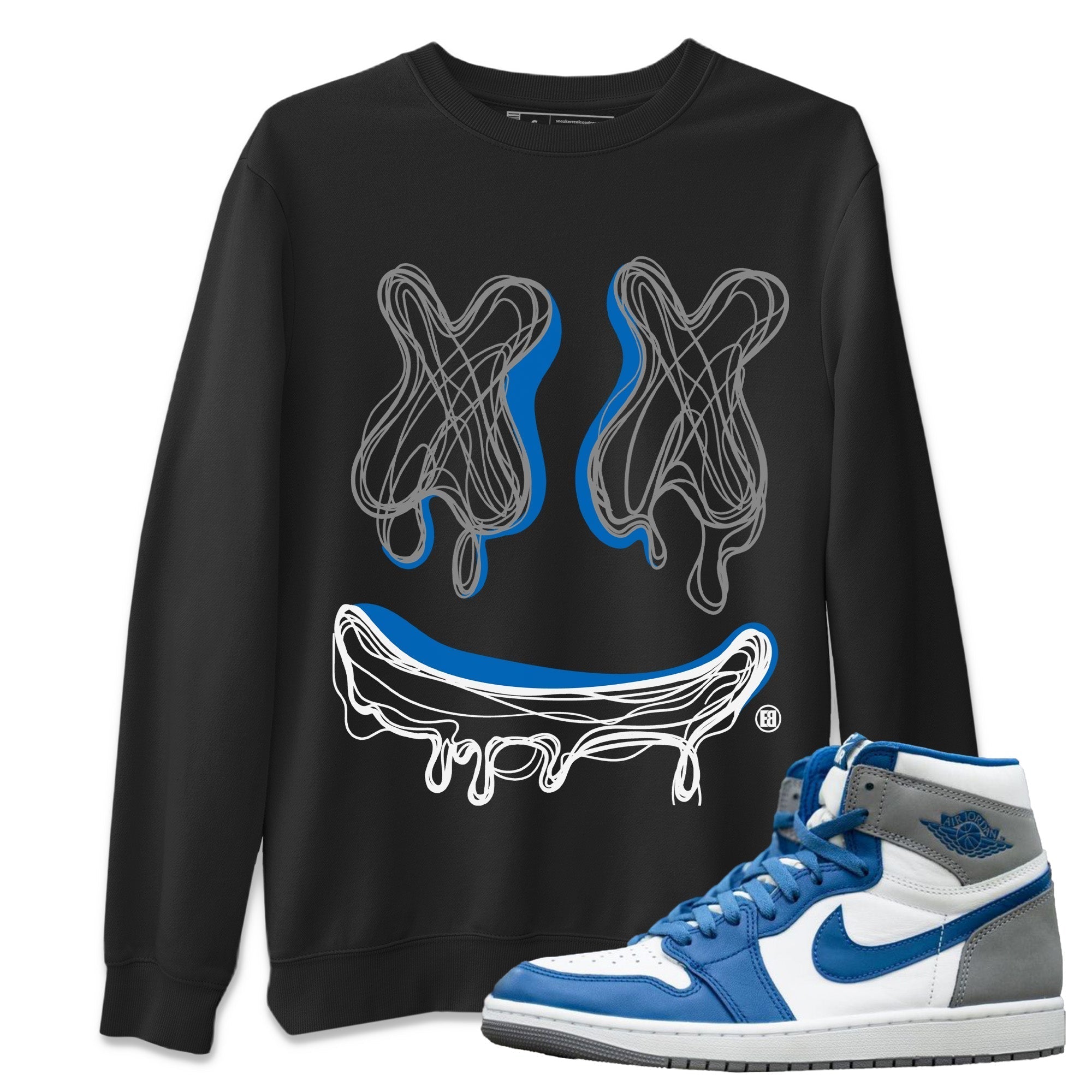 Jordan 1 True Blue Sneaker Matching T-Shirt Smiley Doodle Sneaker Tees Jordan 1 True Blue Sneaker Release Tees Crew Neck Tees