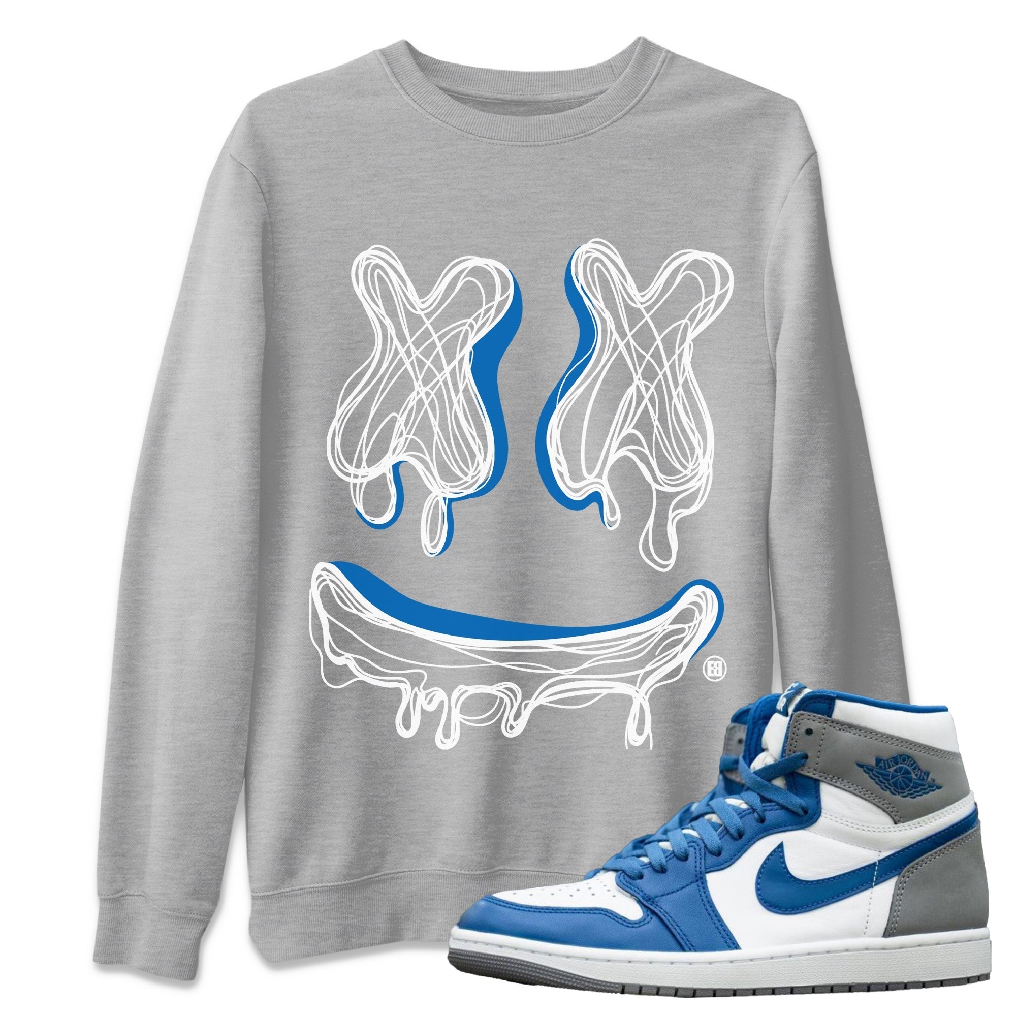 Jordan 1 True Blue Sneaker Matching T-Shirt Smiley Doodle Sneaker Tees Jordan 1 True Blue Sneaker Release Tees Crew Neck Tees