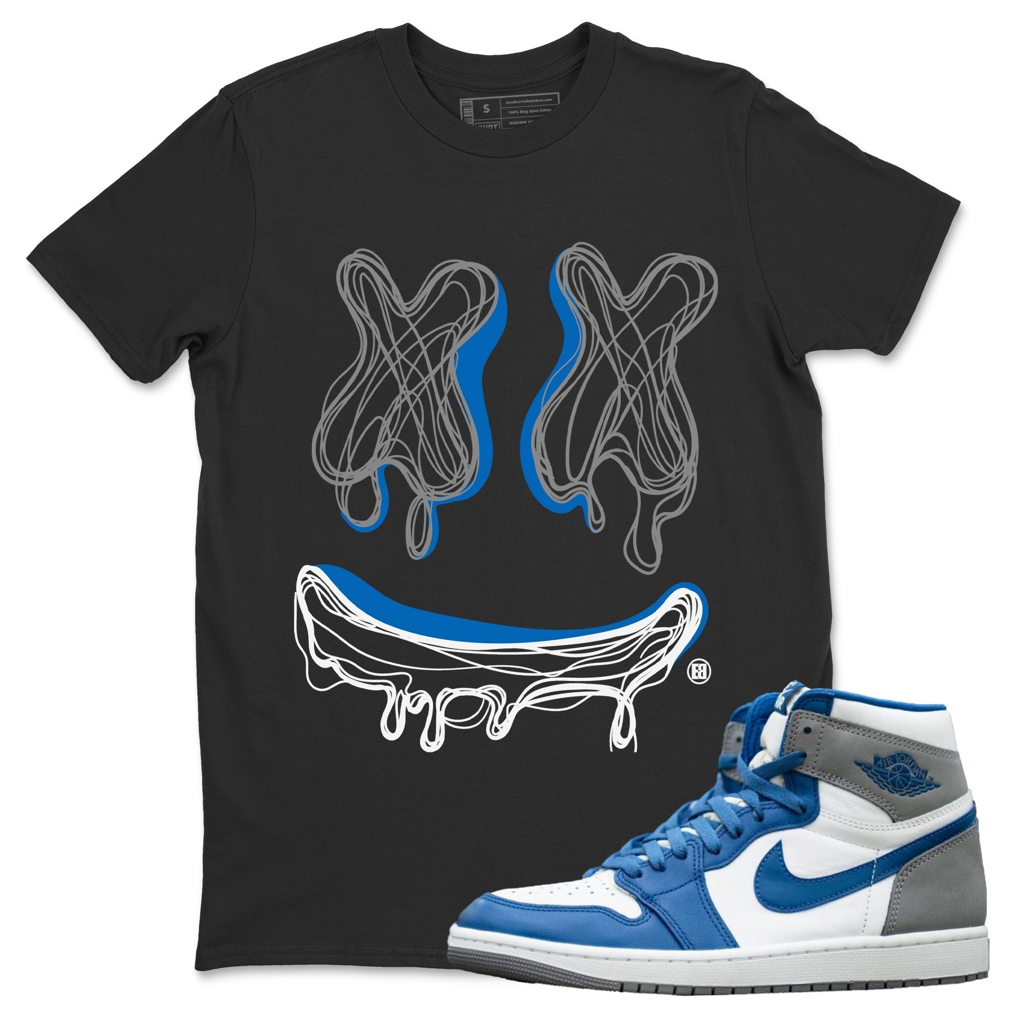 Jordan 1 True Blue Sneaker Matching T-Shirt Smiley Doodle Sneaker Tees Jordan 1 True Blue Sneaker Release Tees Crew Neck Tees