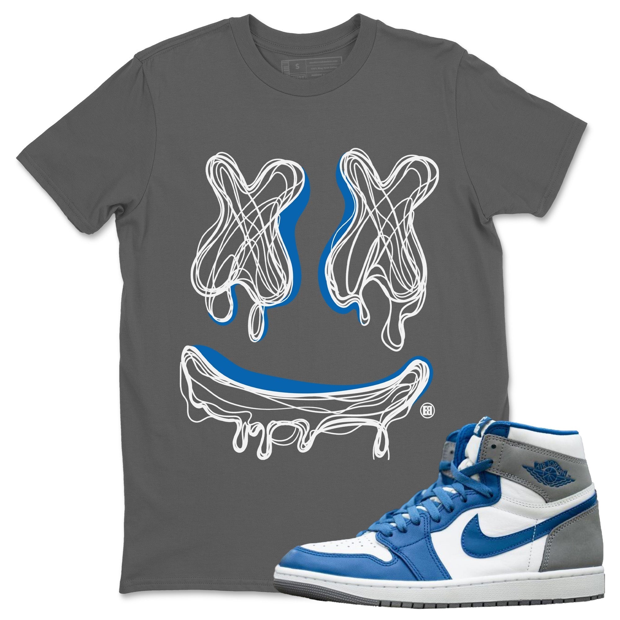Jordan 1 True Blue Sneaker Matching T-Shirt Smiley Doodle Sneaker Tees Jordan 1 True Blue Sneaker Release Tees Crew Neck Tees