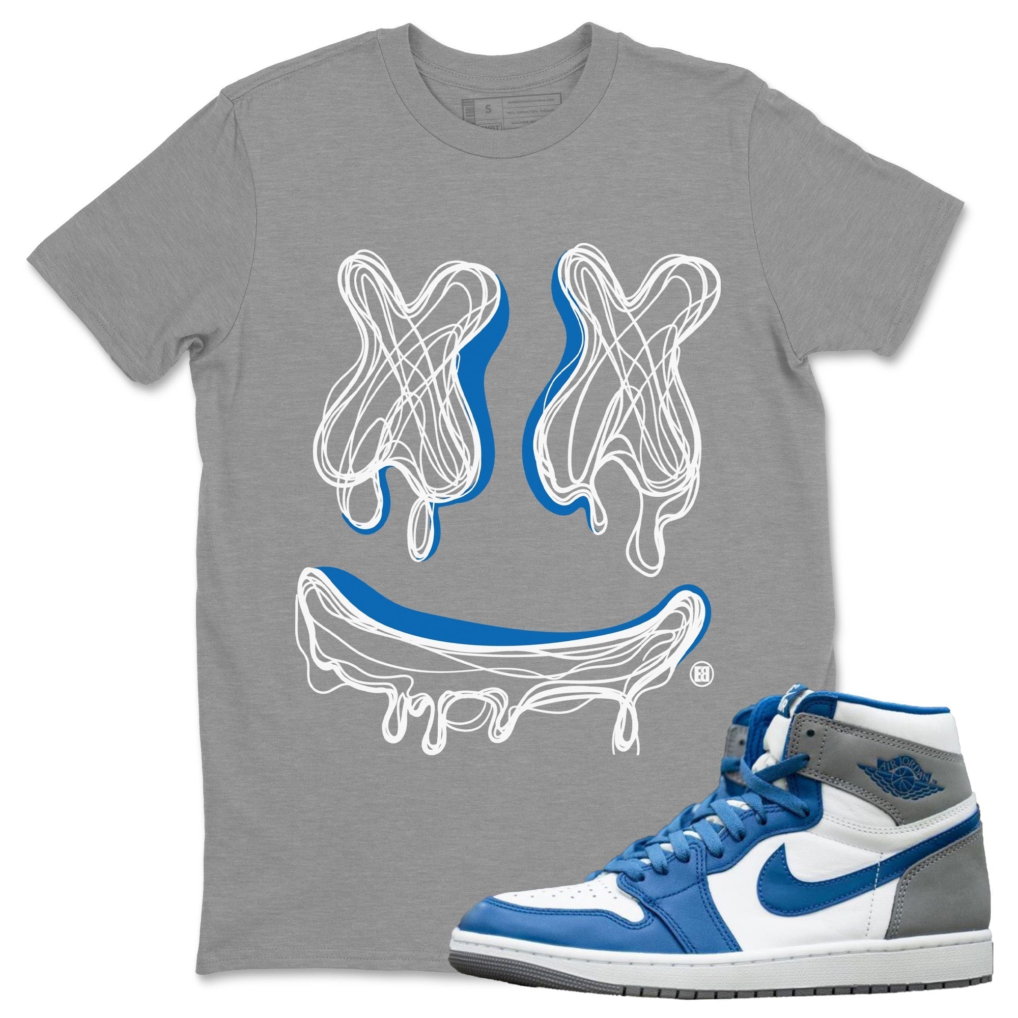 Jordan 1 True Blue Sneaker Matching T-Shirt Smiley Doodle Sneaker Tees Jordan 1 True Blue Sneaker Release Tees Crew Neck Tees