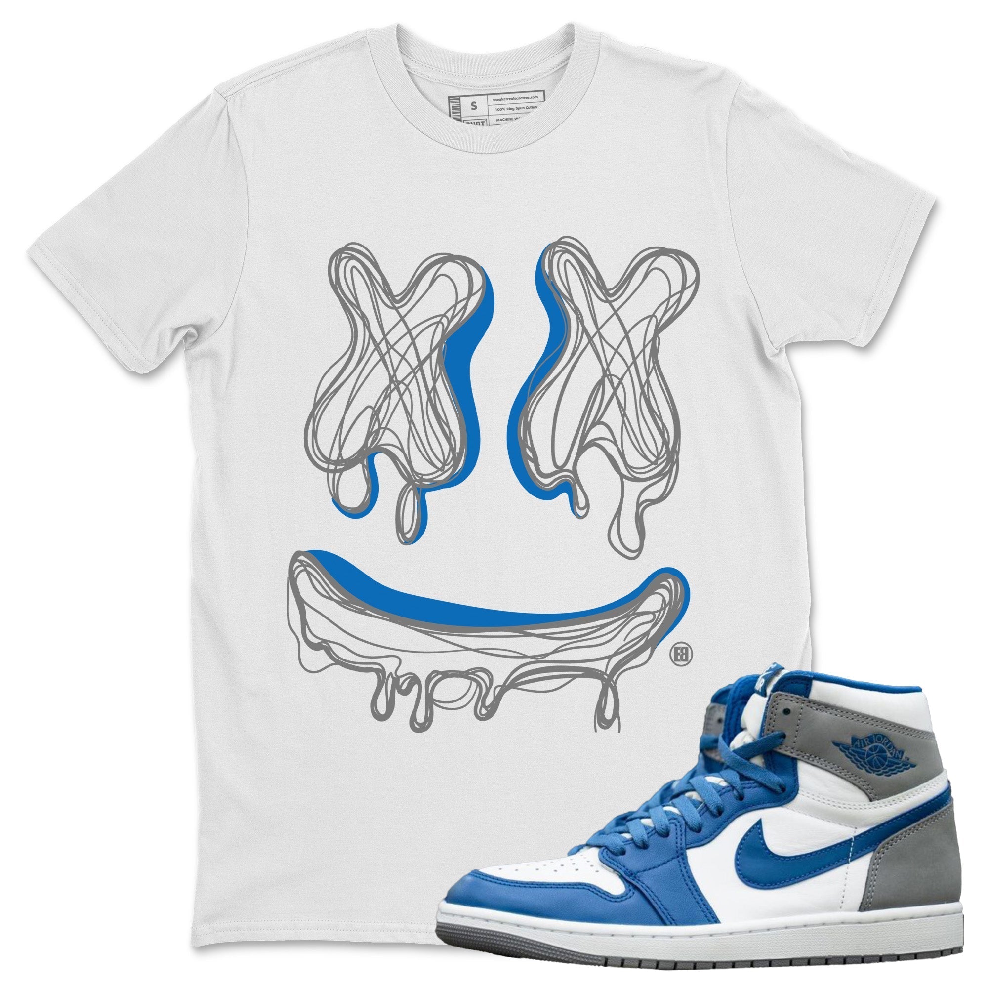 Jordan 1 True Blue Sneaker Matching T-Shirt Smiley Doodle Sneaker Tees Jordan 1 True Blue Sneaker Release Tees Crew Neck Tees
