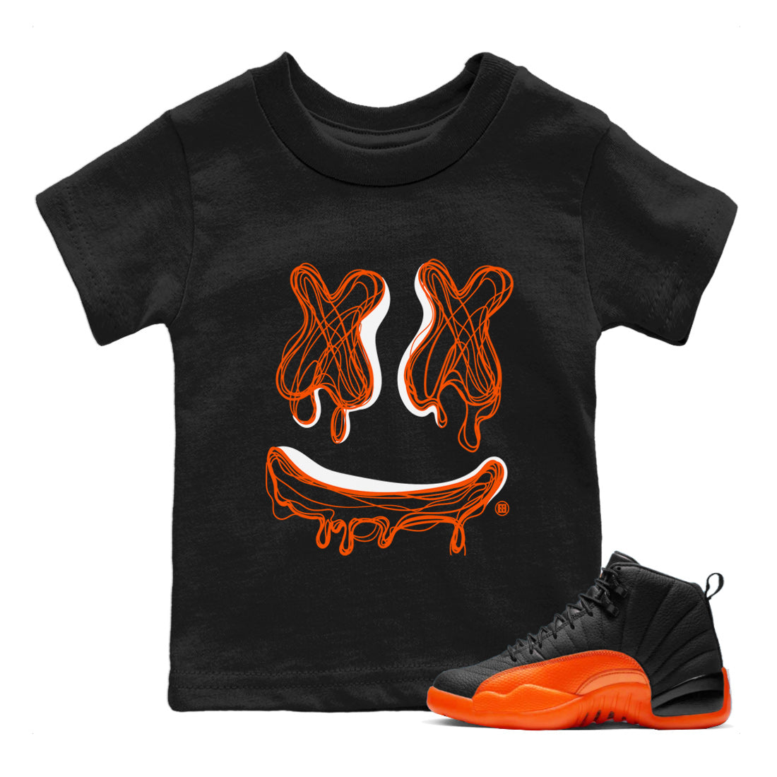 Air Jordan 12 Brilliant Orange Sneaker Match Tees Smiley Doodle Streetwear Sneaker Shirt 12s Brilliant Orange Shirts Kids Shirts Black 1