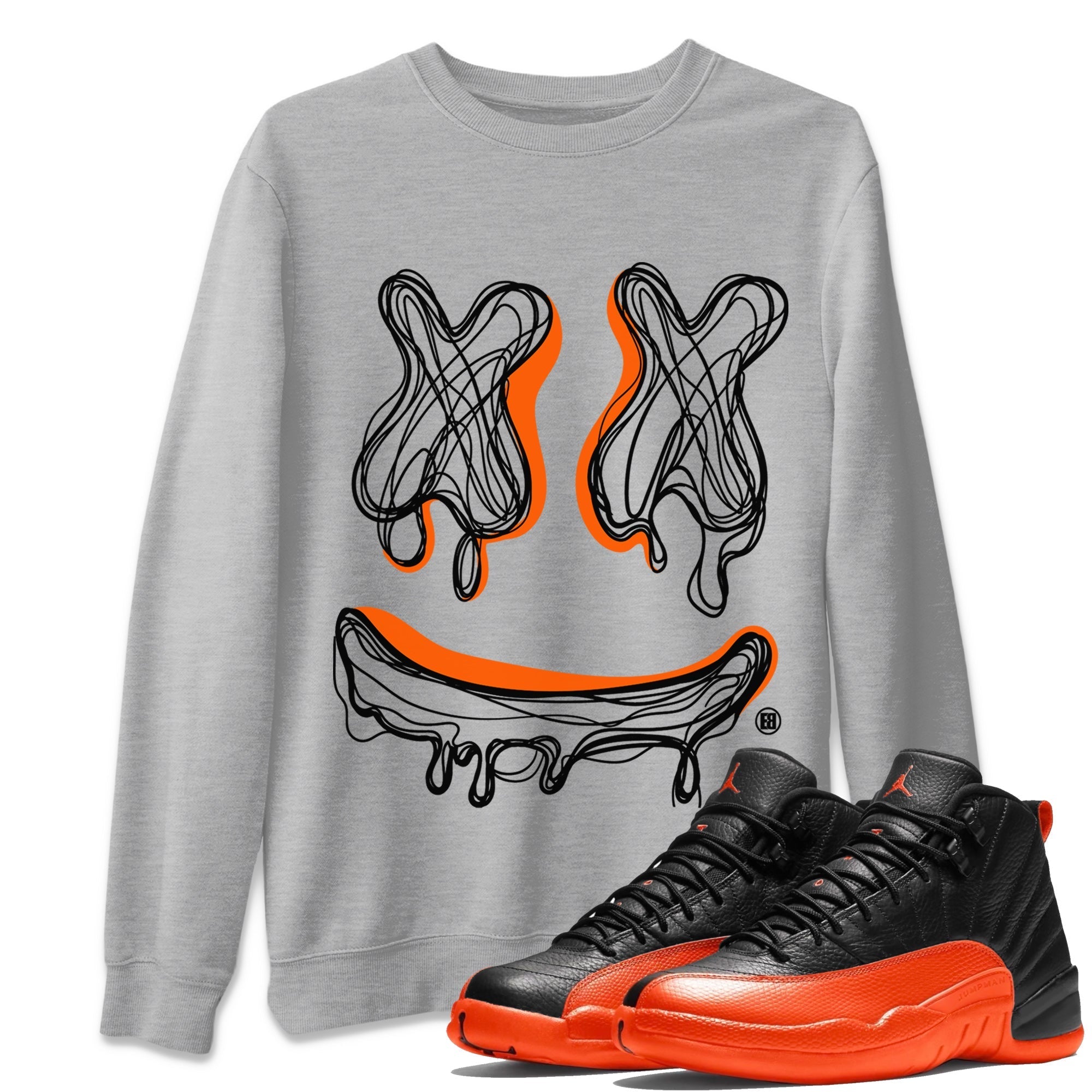 Air Jordan 12 Brilliant Orange Sneaker Match Tees Smiley Doodle Streetwear Sneaker Shirt 12s Brilliant Orange Shirts Unisex Shirts Heather Grey 1