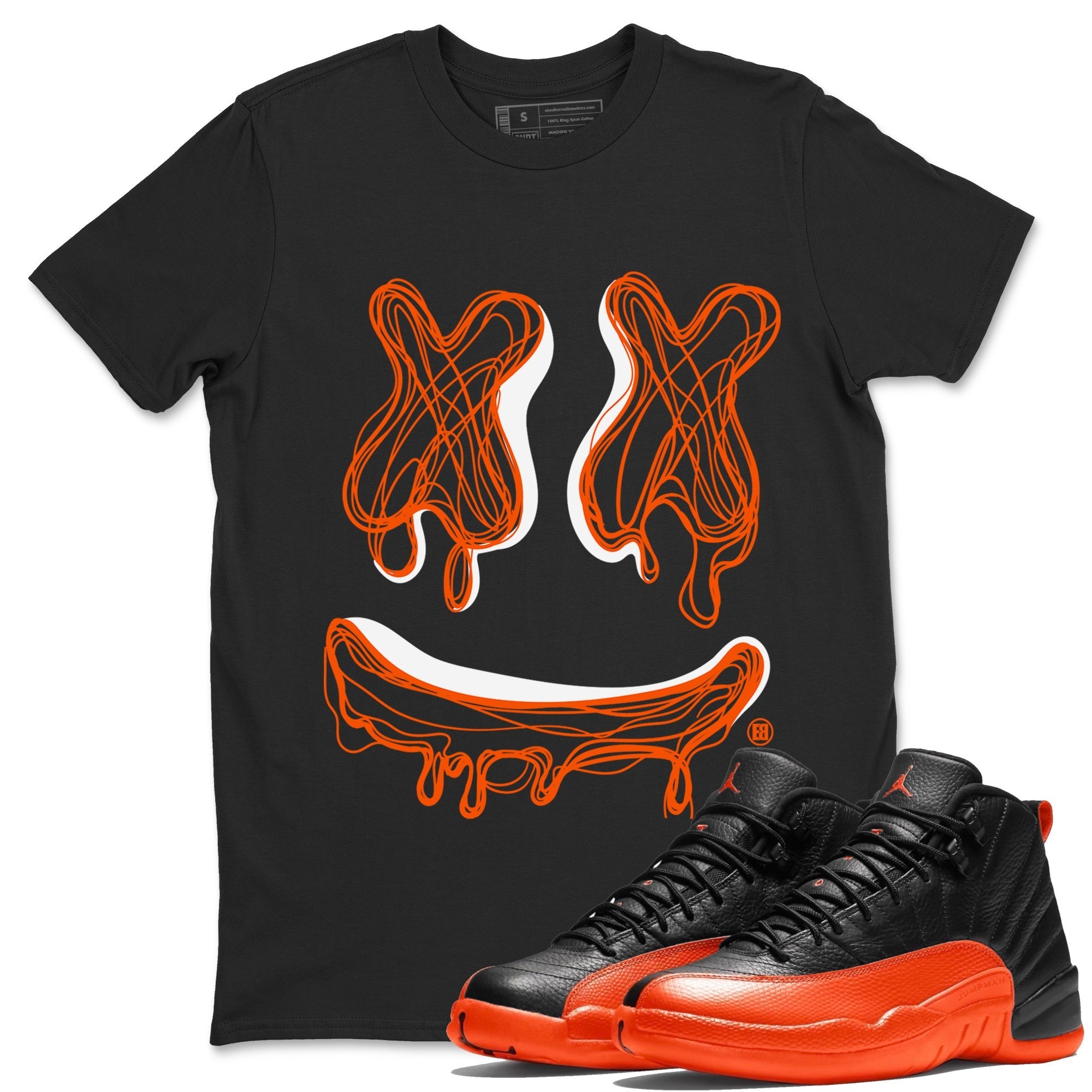 Air Jordan 12 Brilliant Orange Sneaker Match Tees Smiley Doodle Streetwear Sneaker Shirt 12s Brilliant Orange Shirts Unisex Shirts Black 1