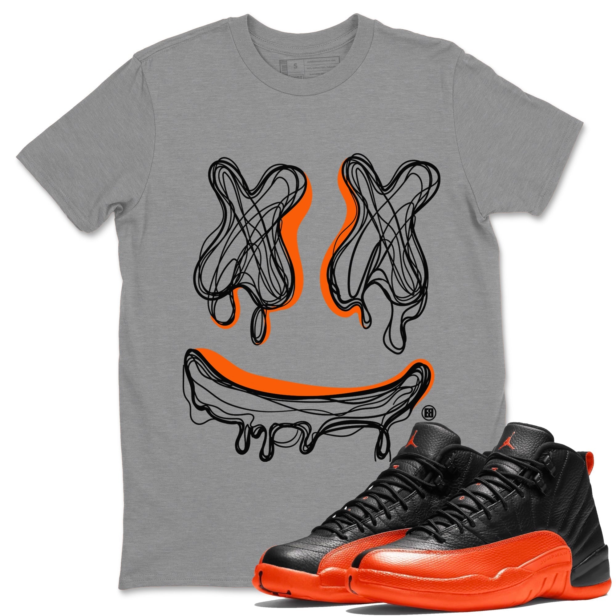 Air Jordan 12 Brilliant Orange Smiley Doodle Crew Neck Streetwear Sneaker Shirt Air Jordan 12 Brilliant Orange Sneaker T-Shirts Size Chart