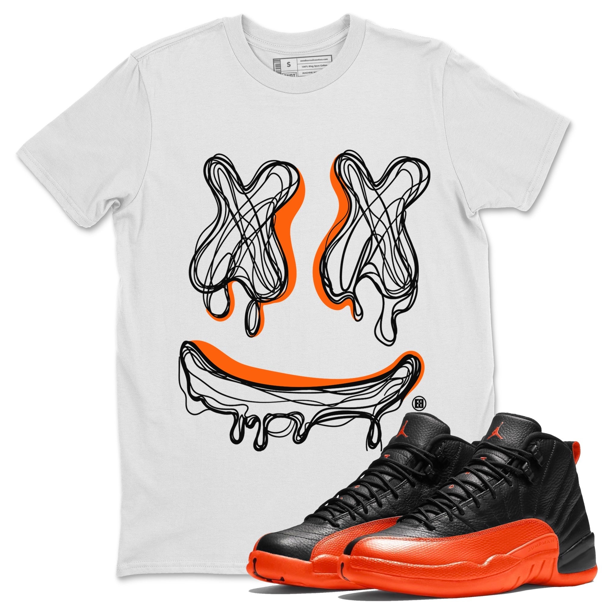 Air Jordan 12 Brilliant Orange Sneaker Match Tees Smiley Doodle Streetwear Sneaker Shirt 12s Brilliant Orange Shirts Unisex Shirts White 1