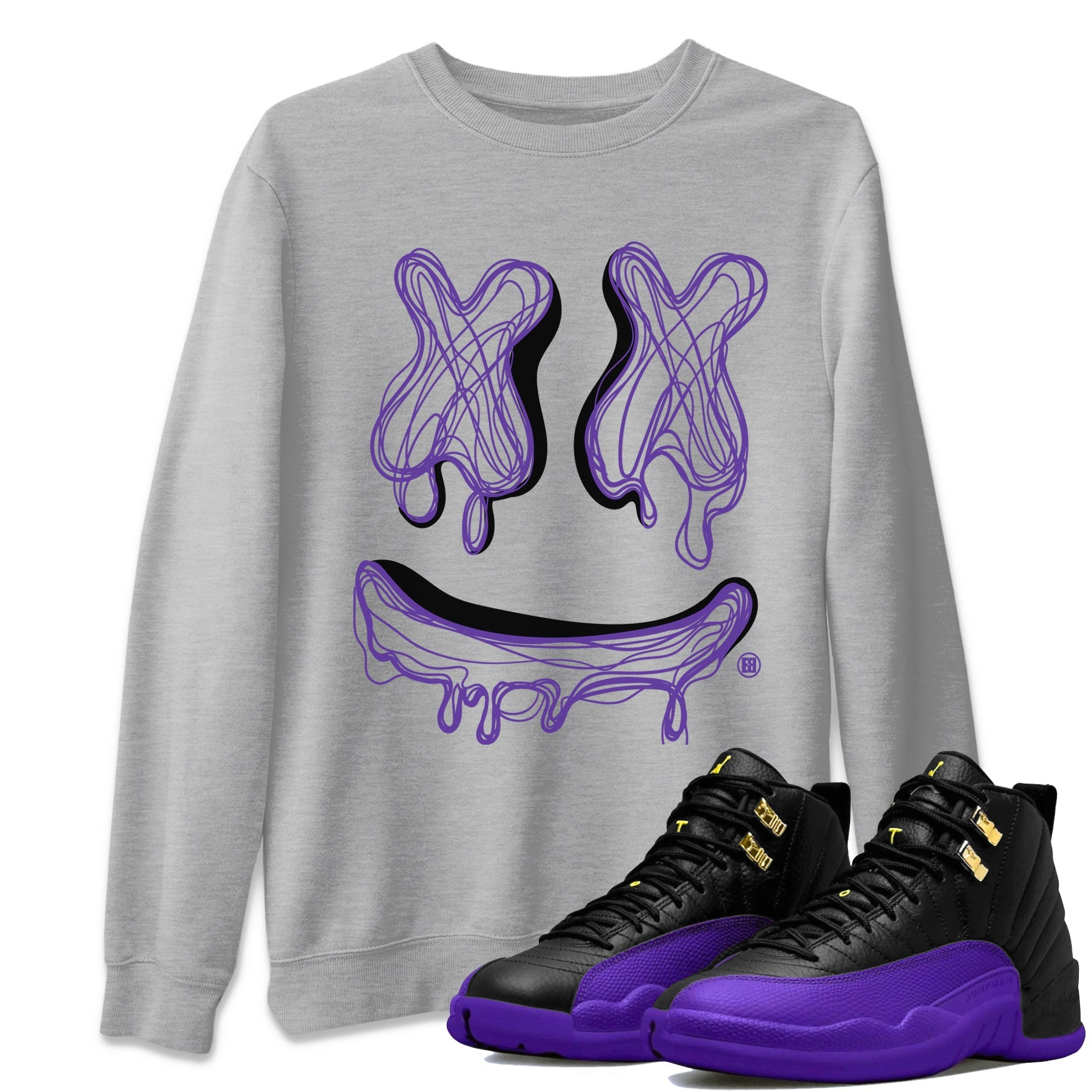 Air Jordan 12 Field Purple Sneaker Match Tees Smiley Doodle Sneaker Tees AJ12 Field Purple Sneaker Release Tees Unisex Shirts Heather Grey 1