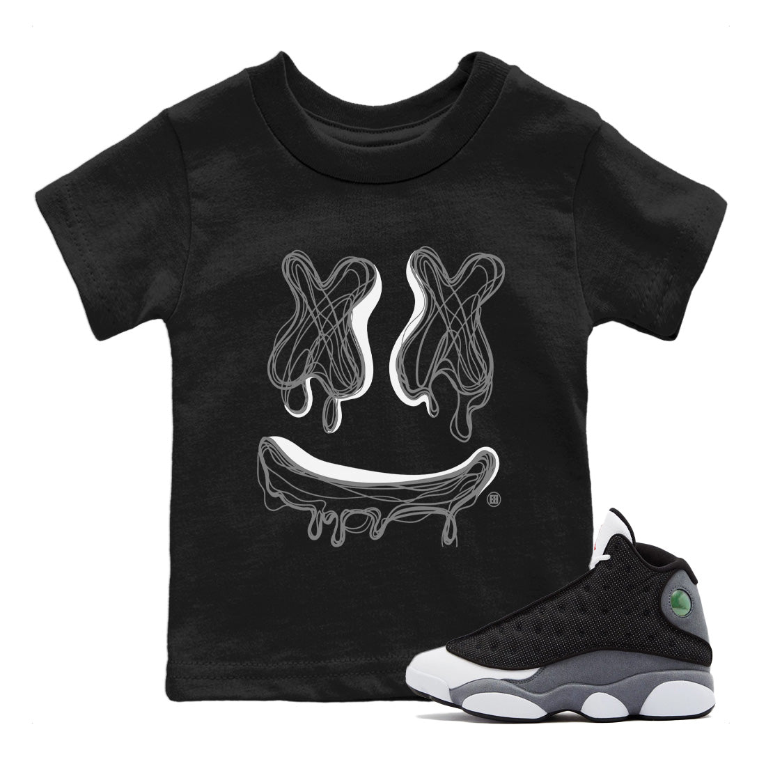 Air Jordan 13 Black Flint Sneaker Match Tees Smiley Doodle Streetwear Sneaker Shirt Air Jordan 13 Retro Black Flint Sneaker Release Tees Kids Shirts Black 1