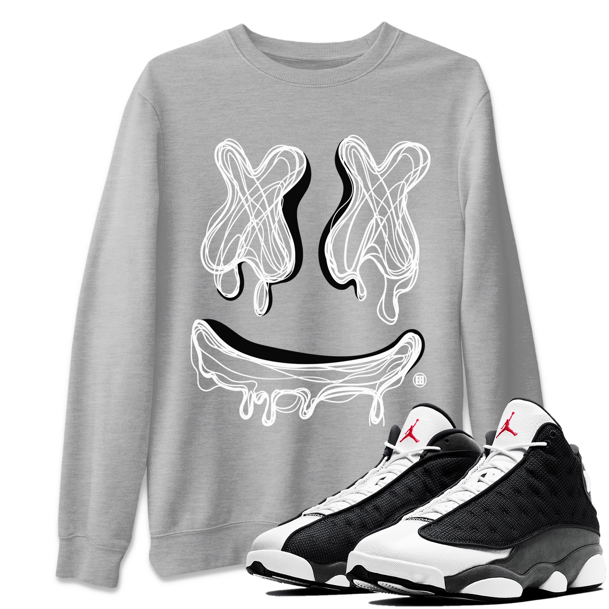 Air Jordan 13 Black Flint Sneaker Match Tees Smiley Doodle Streetwear Sneaker Shirt Air Jordan 13 Retro Black Flint Sneaker Release Tees Unisex Shirts Heather Grey 1