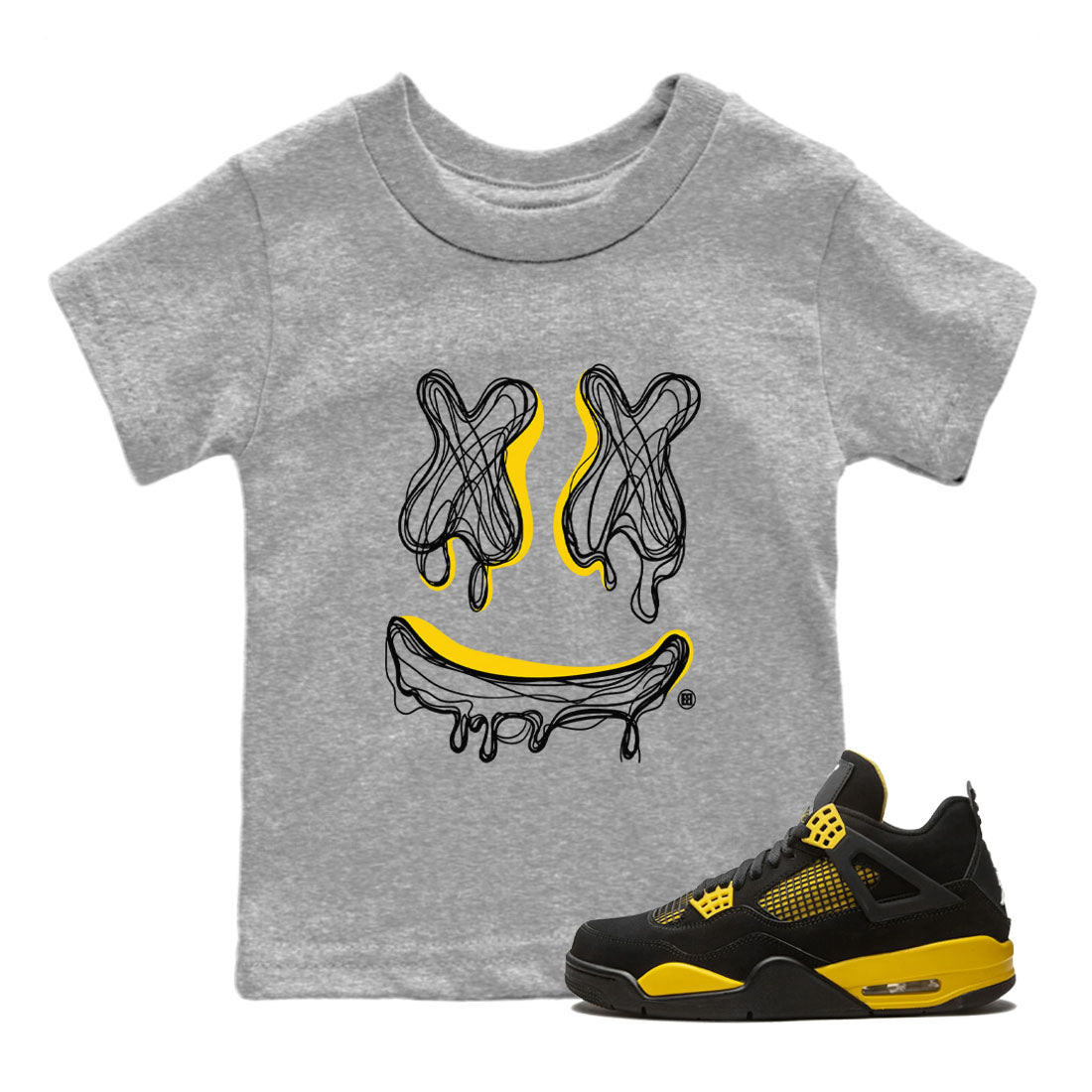 Air Jordan 4 Thunder Sneaker Match Tees Smiley Doodle Streetwear Sneaker Shirt Air Jordan 4 Retro Thunder Tee Kids Shirts Heather Grey 1