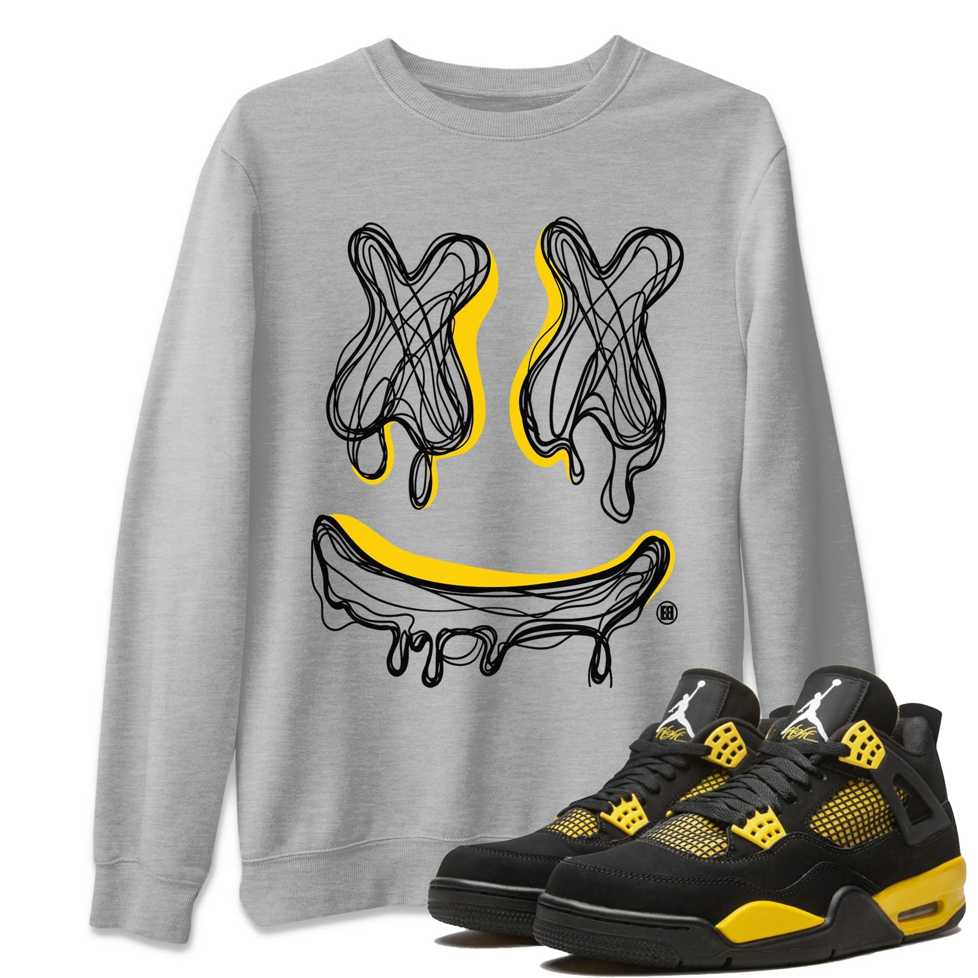 Air Jordan 4 Thunder Sneaker Match Tees Smiley Doodle Streetwear Sneaker Shirt Air Jordan 4 Retro Thunder Tee Unisex Shirts Heather Grey 1