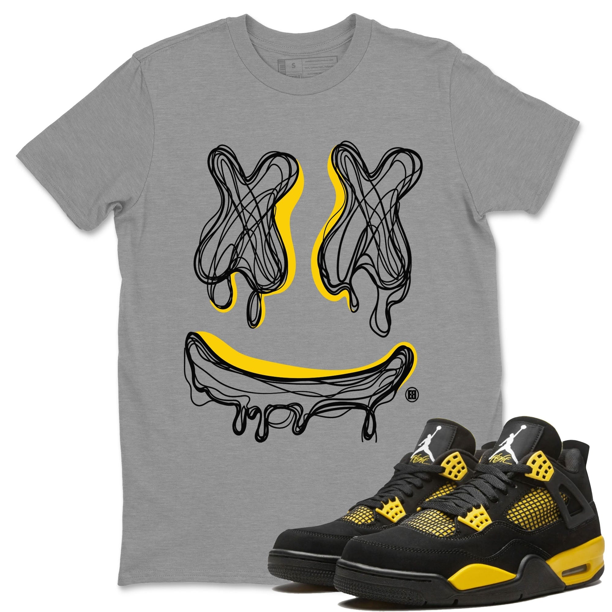 Air Jordan 4 Thunder Sneaker Match Tees Smiley Doodle Streetwear Sneaker Shirt Air Jordan 4 Retro Thunder Tee Unisex Shirts Heather Grey 1