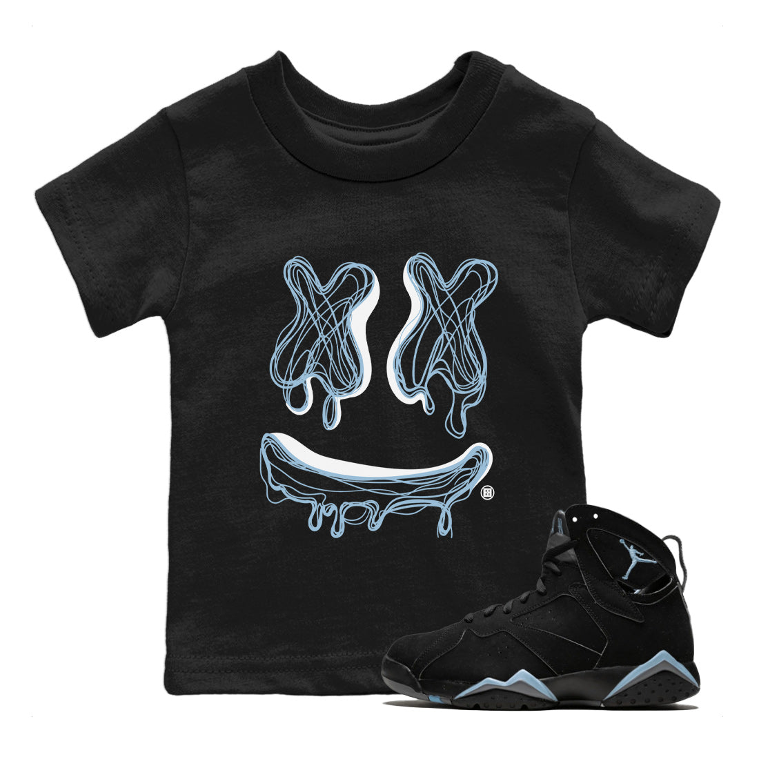 Air Jordan 7 Chambray Sneaker Match Tees Smiley Doodle Streetwear Sneaker Shirt AJ7 Chambray Drip Gear Zone Sneaker Matching Clothing Kids Shirts Black 1