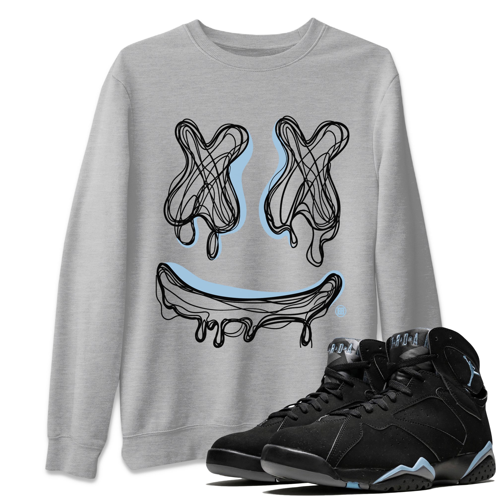 Air Jordan 7 Chambray Sneaker Match Tees Smiley Doodle Streetwear Sneaker Shirt AJ7 Chambray Drip Gear Zone Sneaker Matching Clothing Unisex Shirts Heather Grey 1