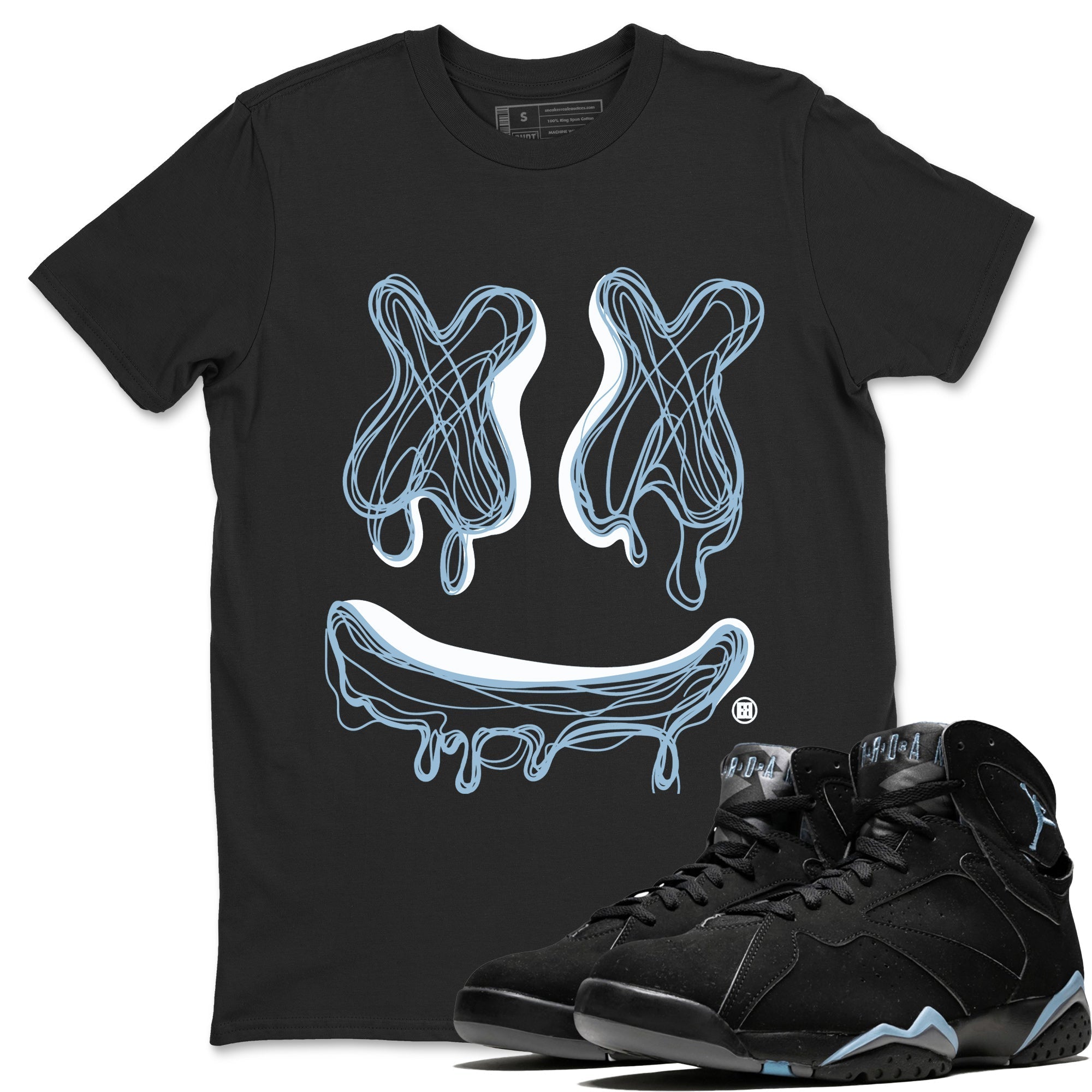 Air Jordan 7 Chambray Sneaker Match Tees Smiley Doodle Streetwear Sneaker Shirt AJ7 Chambray Drip Gear Zone Sneaker Matching Clothing Unisex Shirts Black 1